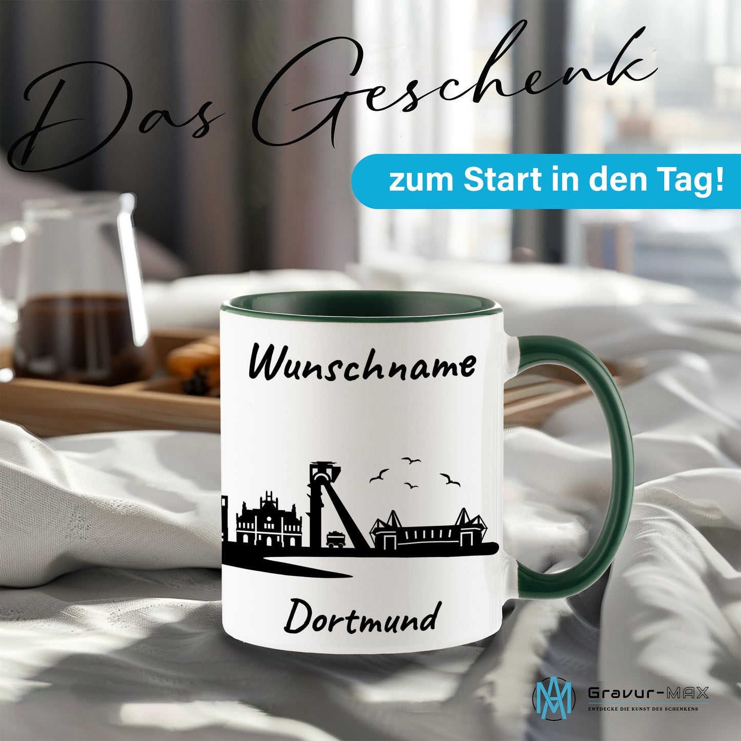 Tasse in Dunkelgrün 330ml bedruckt mit der Skyline von Dortmund personalisierbar mit Wunschname
