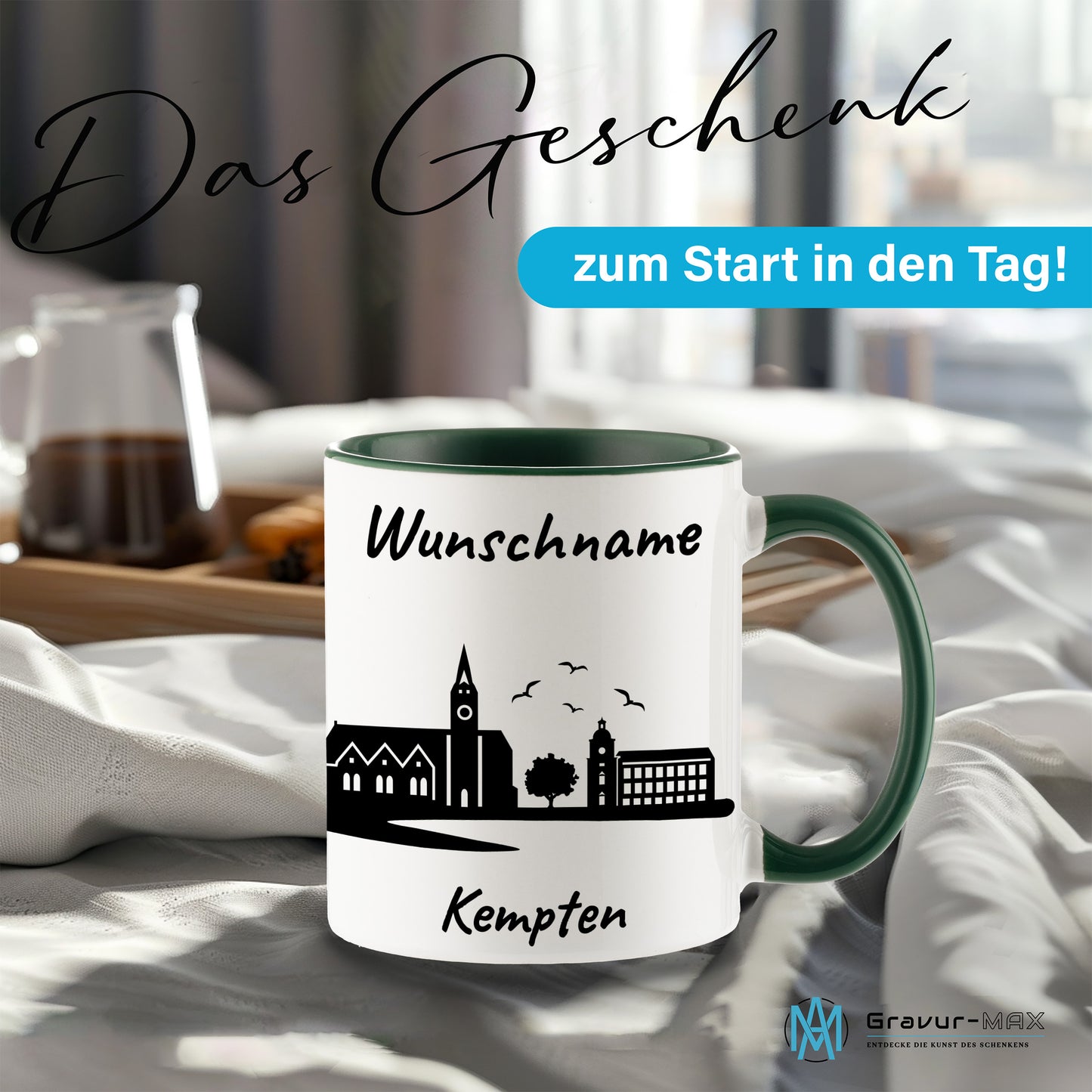Tasse in Dunkelgrün 330ml bedruckt mit der Skyline von Kempten personalisierbar mit Wunschname