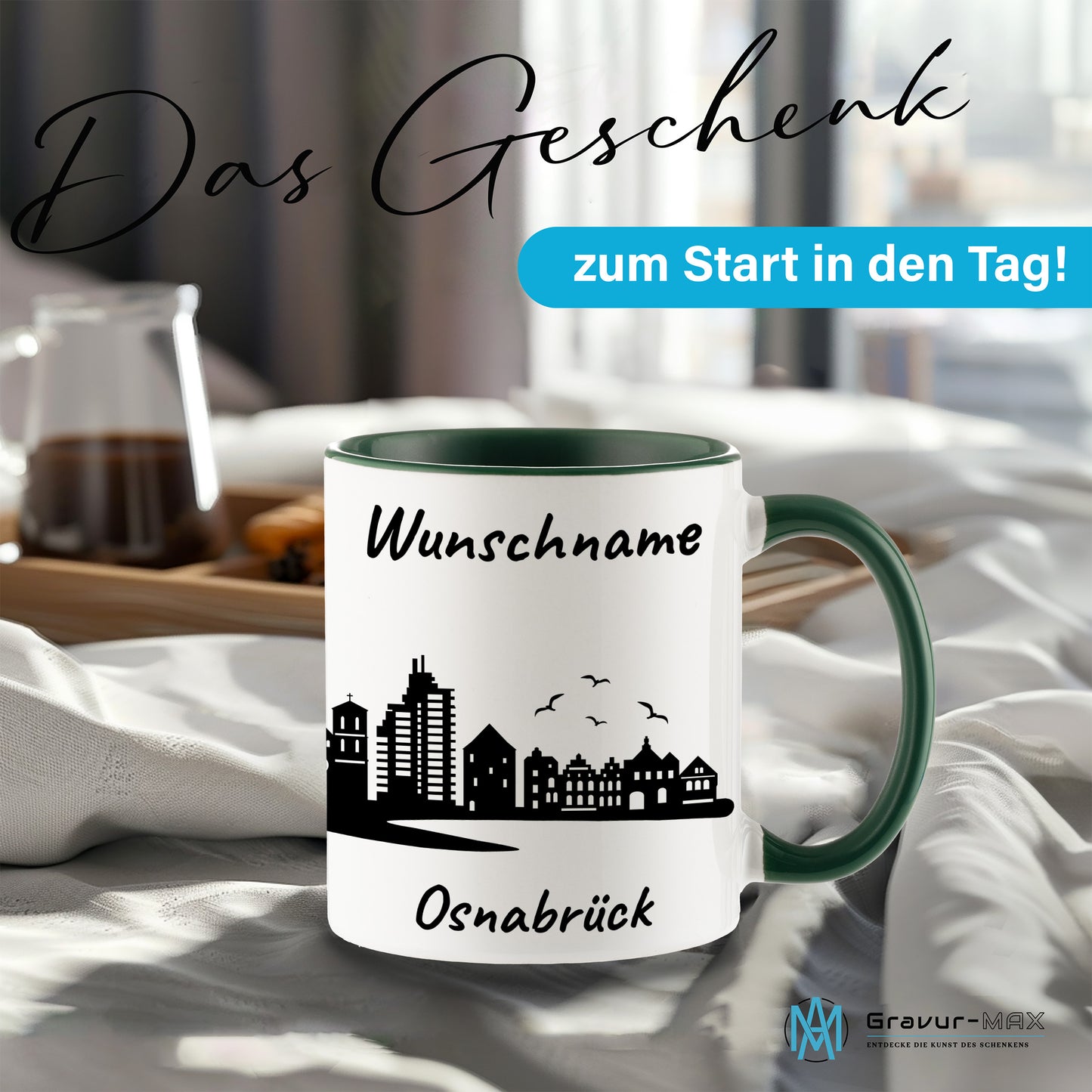 Tasse in Dunkelgrün 330ml bedruckt mit der Skyline von Osnabrück personalisierbar mit Wunschname