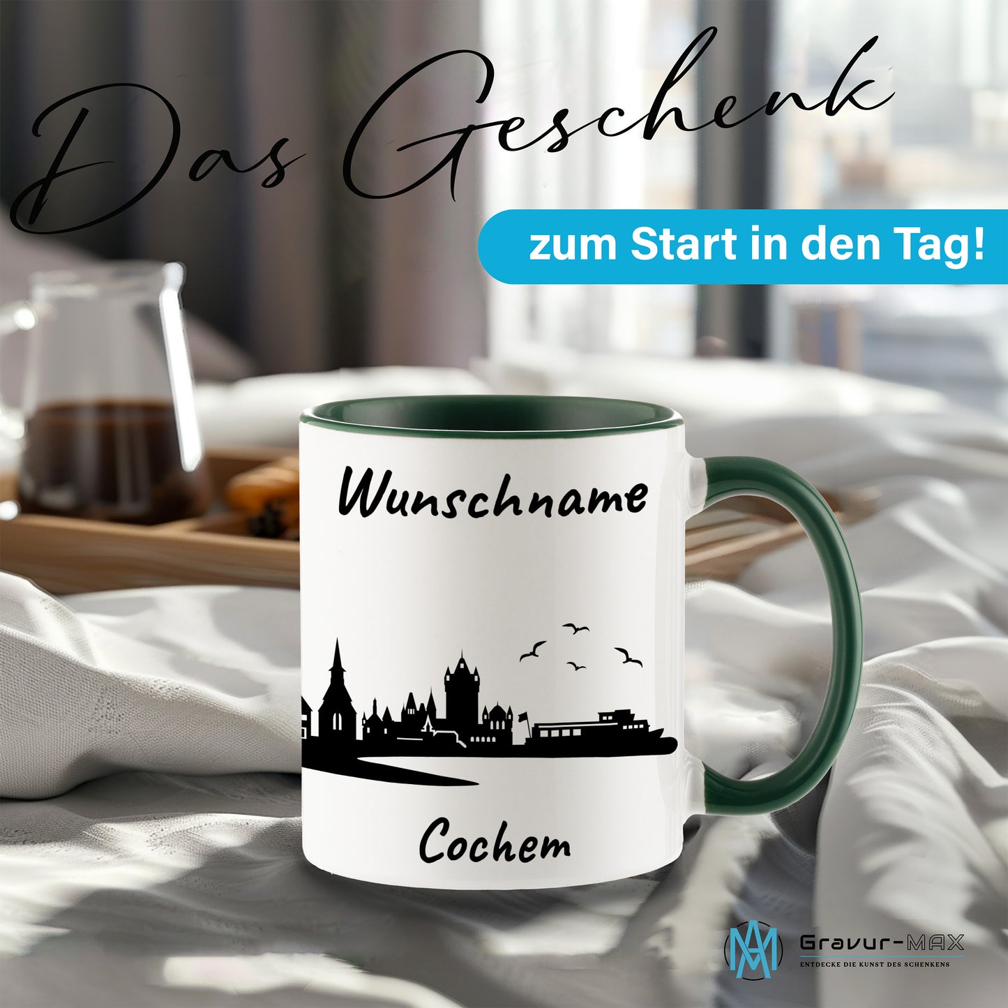 Tasse in Dunkelgrün 330ml bedruckt mit der Skyline von Cochem personalisierbar mit Wunschname