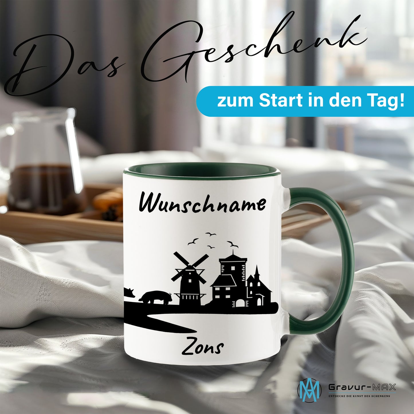 Tasse in Dunkelgrün 330ml bedruckt mit der Skyline von Zons (Dormagen) personalisierbar mit Wunschname