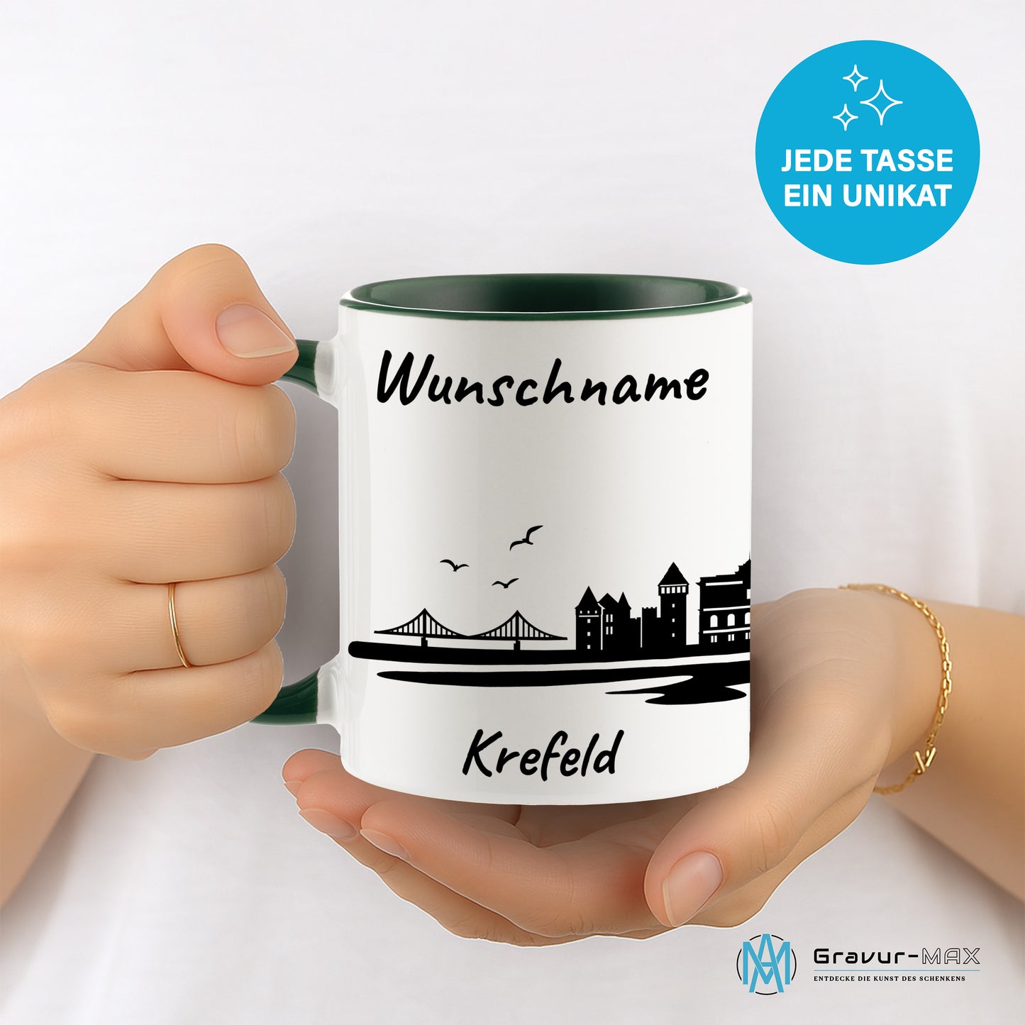 Tasse in Dunkelgrün 330ml bedruckt mit der Skyline von Krefeld personalisierbar mit Wunschname