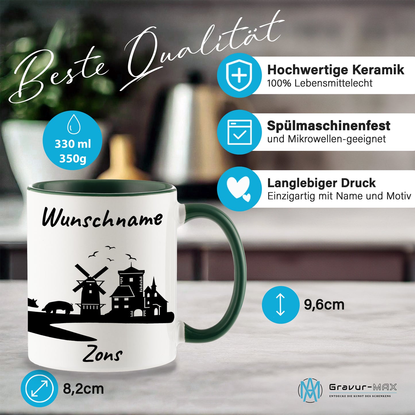 Tasse in Dunkelgrün 330ml bedruckt mit der Skyline von Zons (Dormagen) personalisierbar mit Wunschname