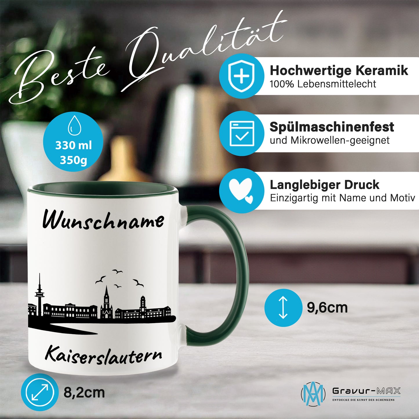 Tasse in Dunkelgrün 330ml bedruckt mit der Skyline von Kaiserslautern personalisierbar mit Wunschname