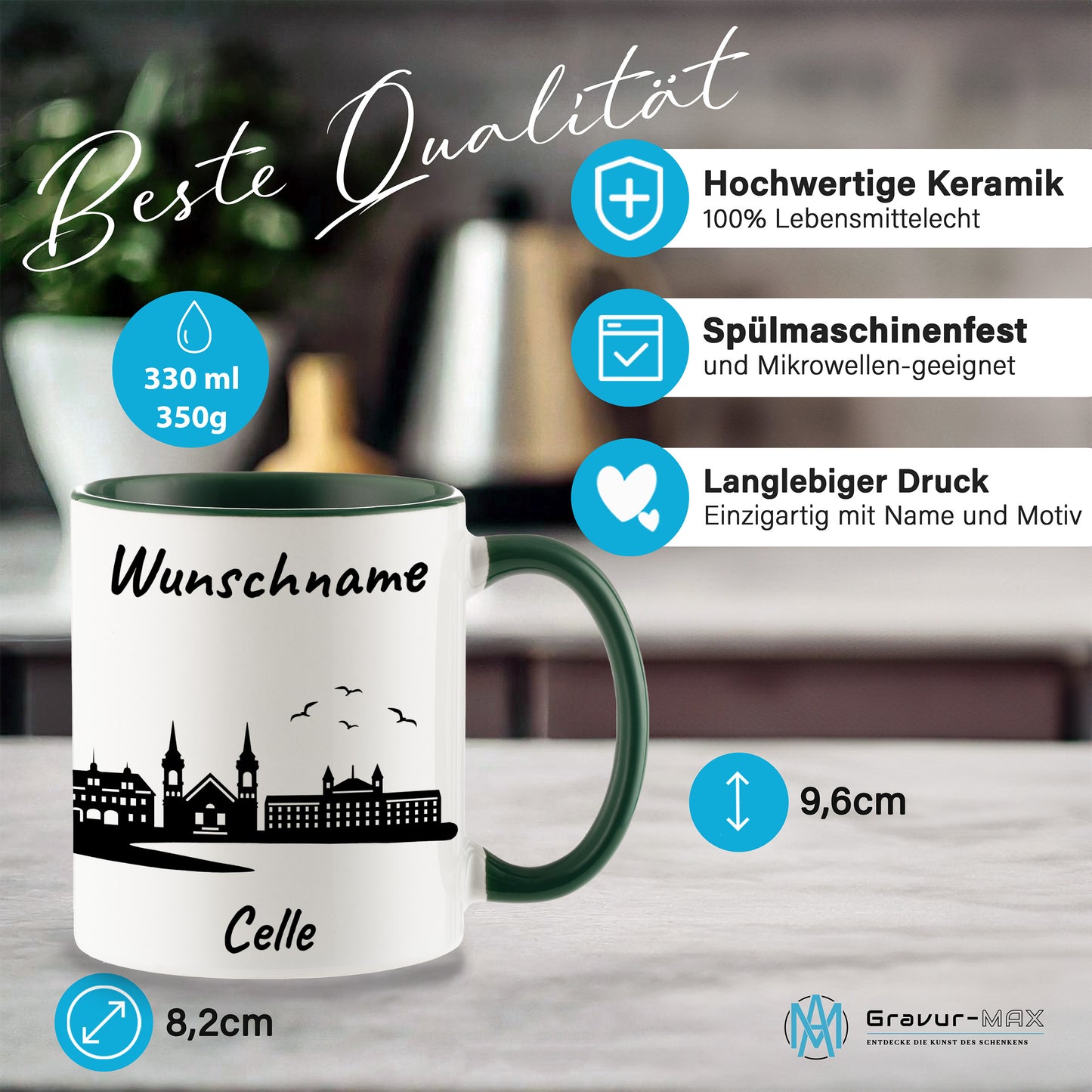 Tasse in Dunkelgrün 330ml bedruckt mit der Skyline von Celle personalisierbar mit Wunschname
