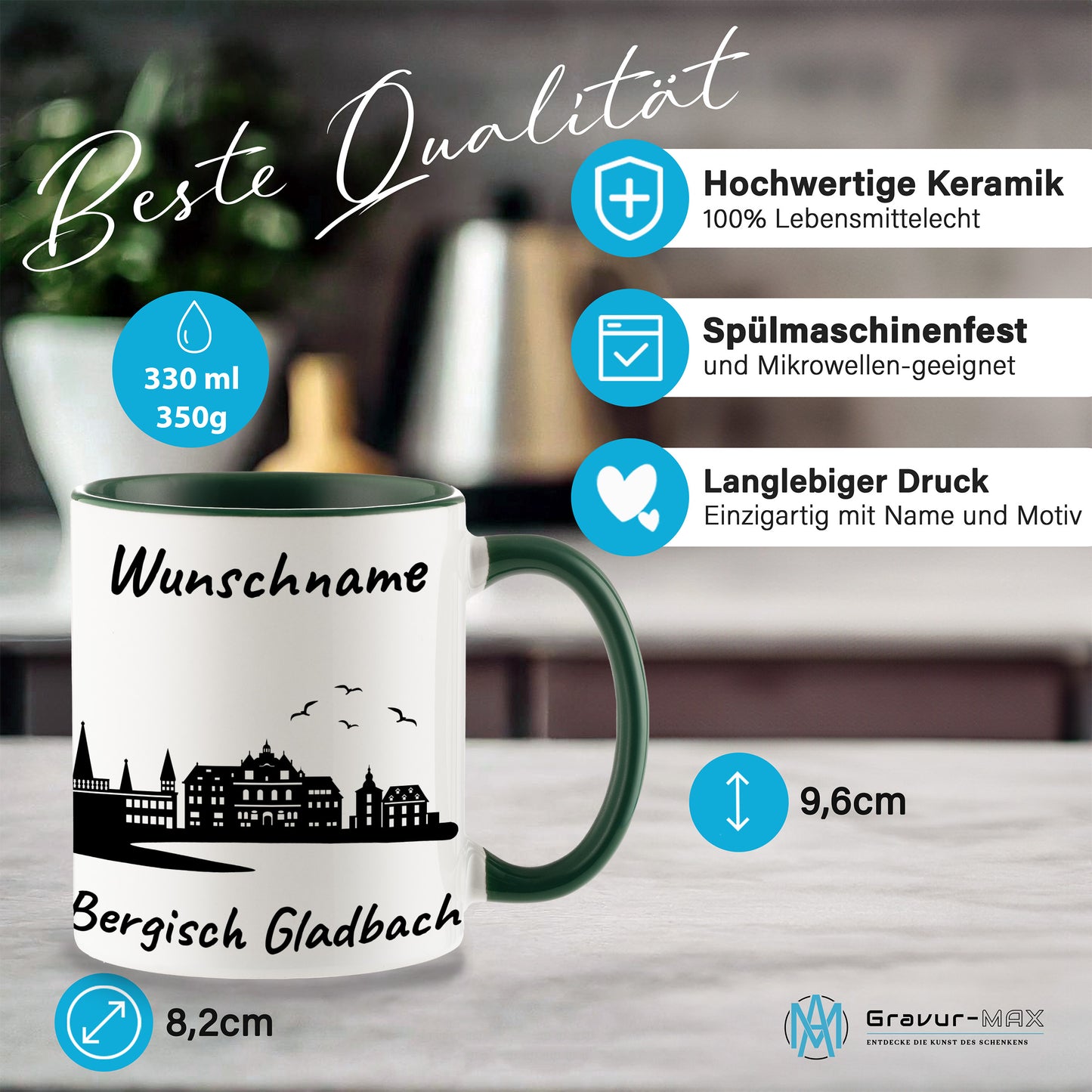 Tasse in Dunkelgrün 330ml bedruckt mit der Skyline von Bergisch Gladbach personalisierbar mit Wunschname