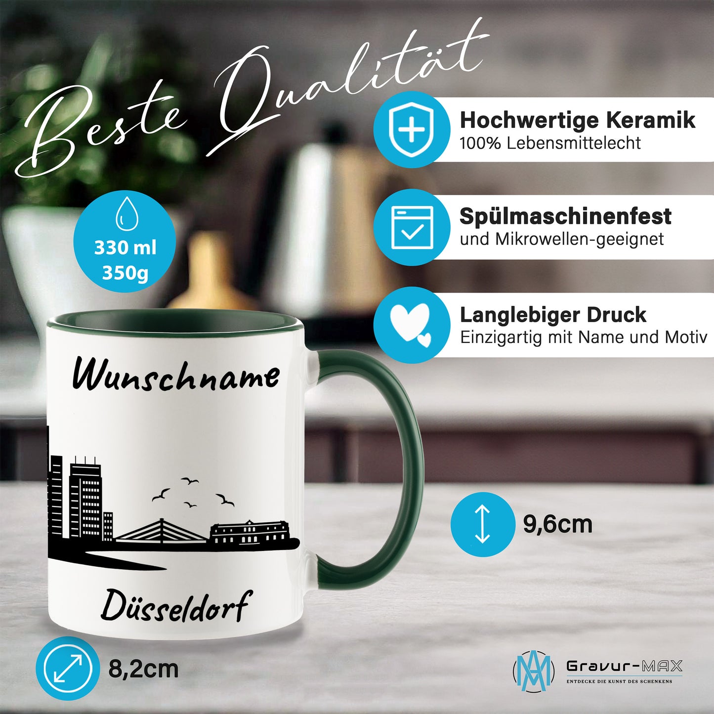 Tasse in Dunkelgrün 330ml bedruckt mit der Skyline von Düsseldorf personalisierbar mit Wunschname