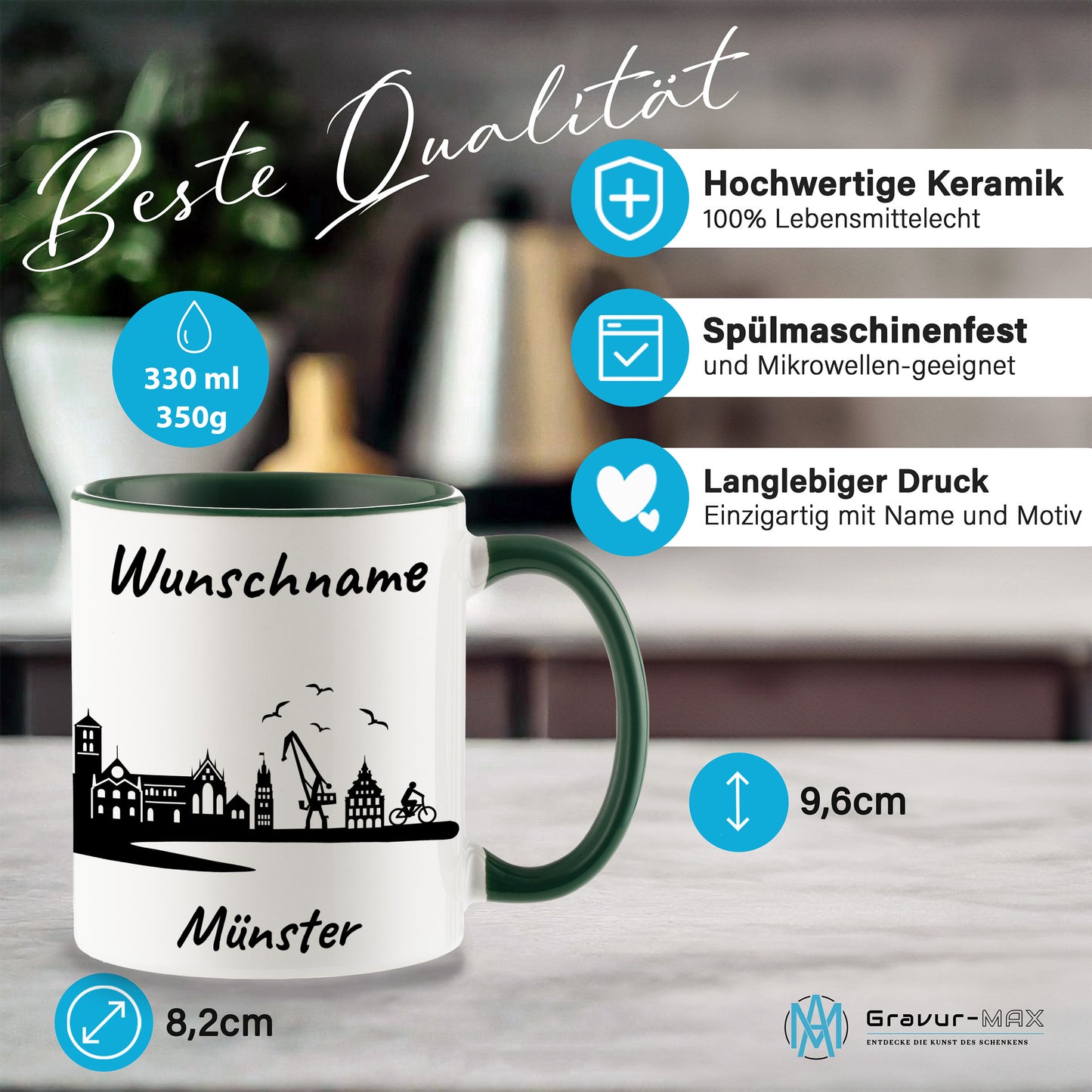 Tasse in Dunkelgrün 330ml bedruckt mit der Skyline von Münster personalisierbar mit Wunschname
