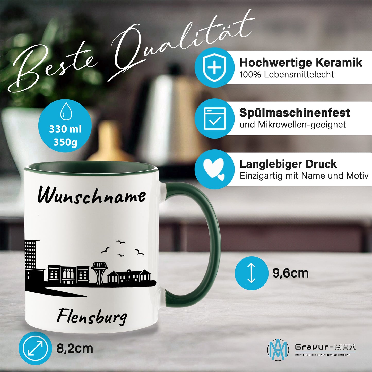 Tasse in Dunkelgrün 330ml bedruckt mit der Skyline von Flensburg personalisierbar mit Wunschname