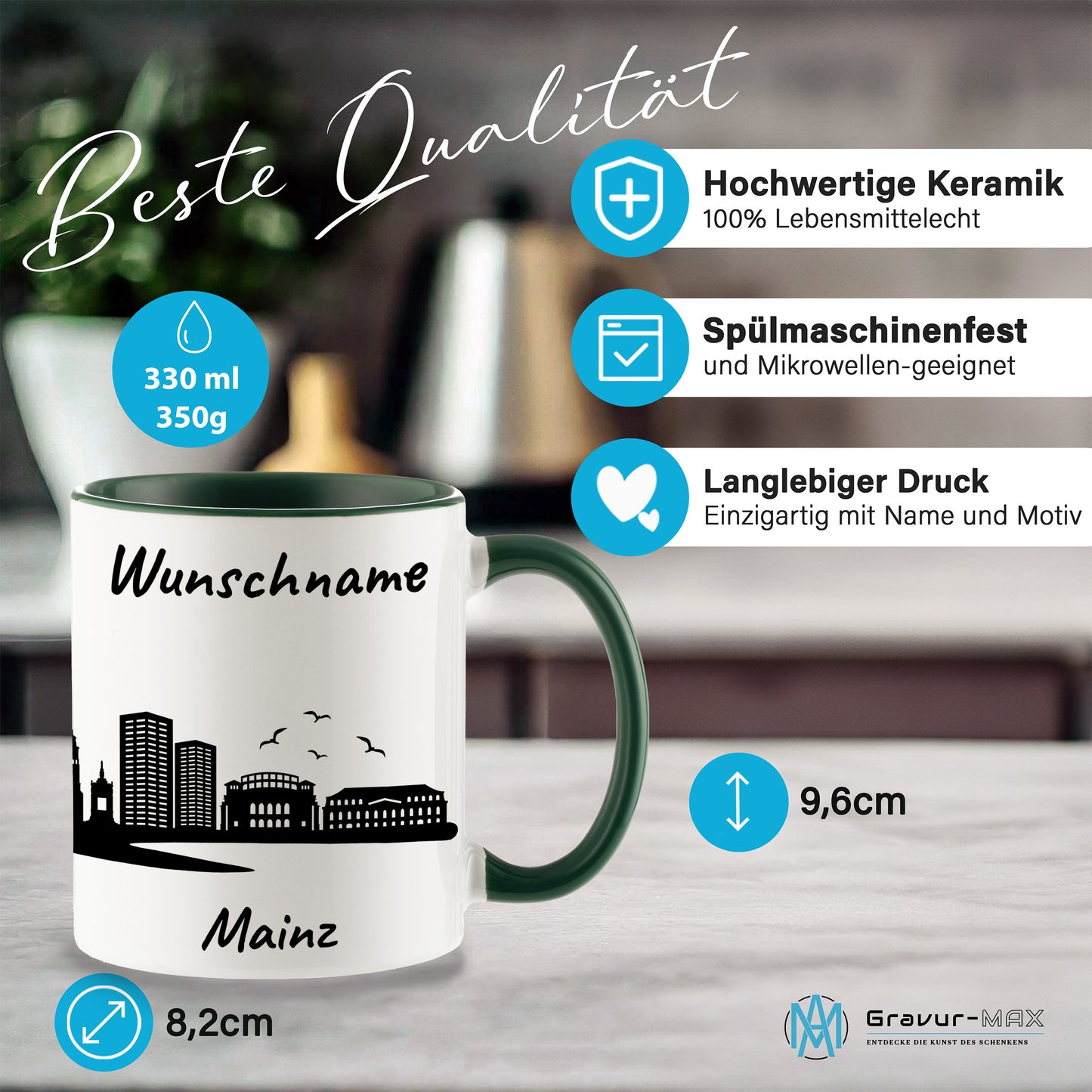 Tasse in Dunkelgrün 330ml bedruckt mit der Skyline von Mainz personalisierbar mit Wunschname