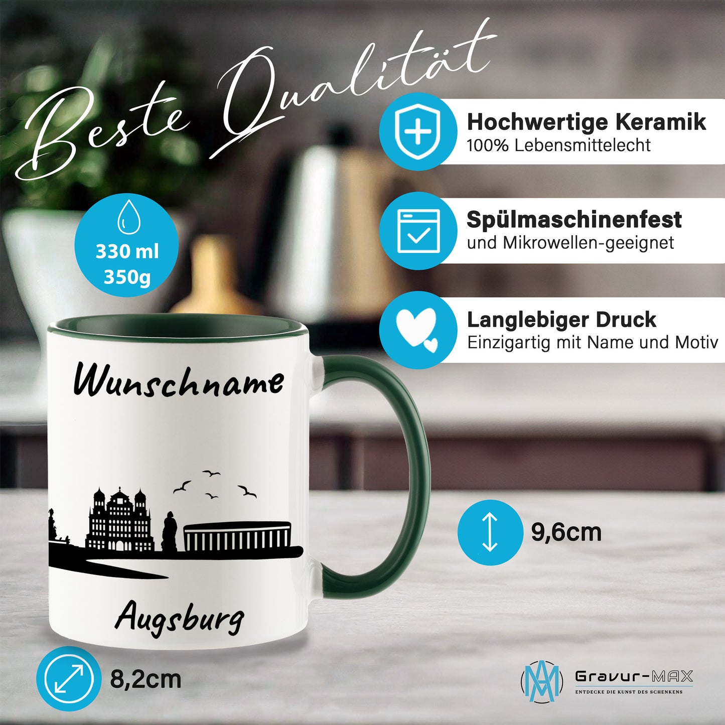 Tasse in Dunkelgrün 330ml bedruckt mit der Skyline von Augsburg personalisierbar mit Wunschname