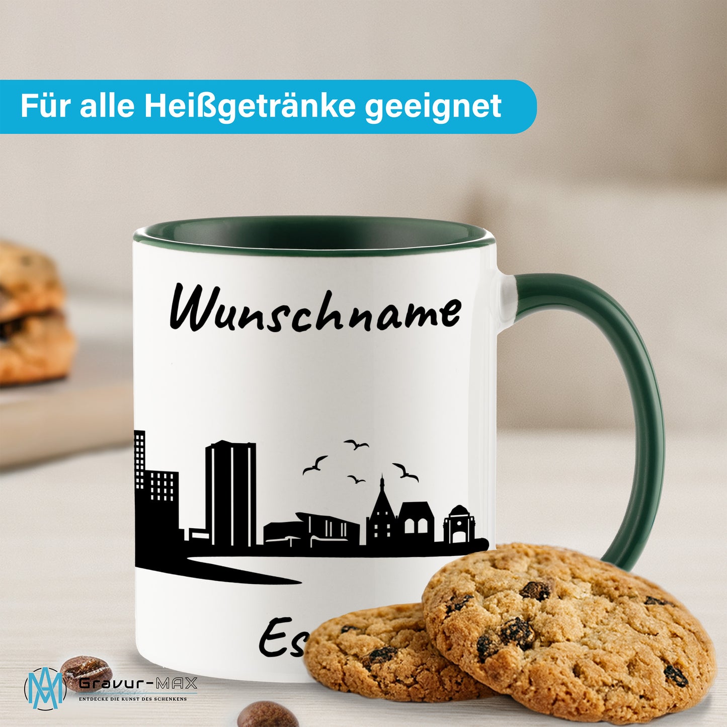 Tasse in Dunkelgrün 330ml bedruckt mit der Skyline von Essen personalisierbar mit Wunschname