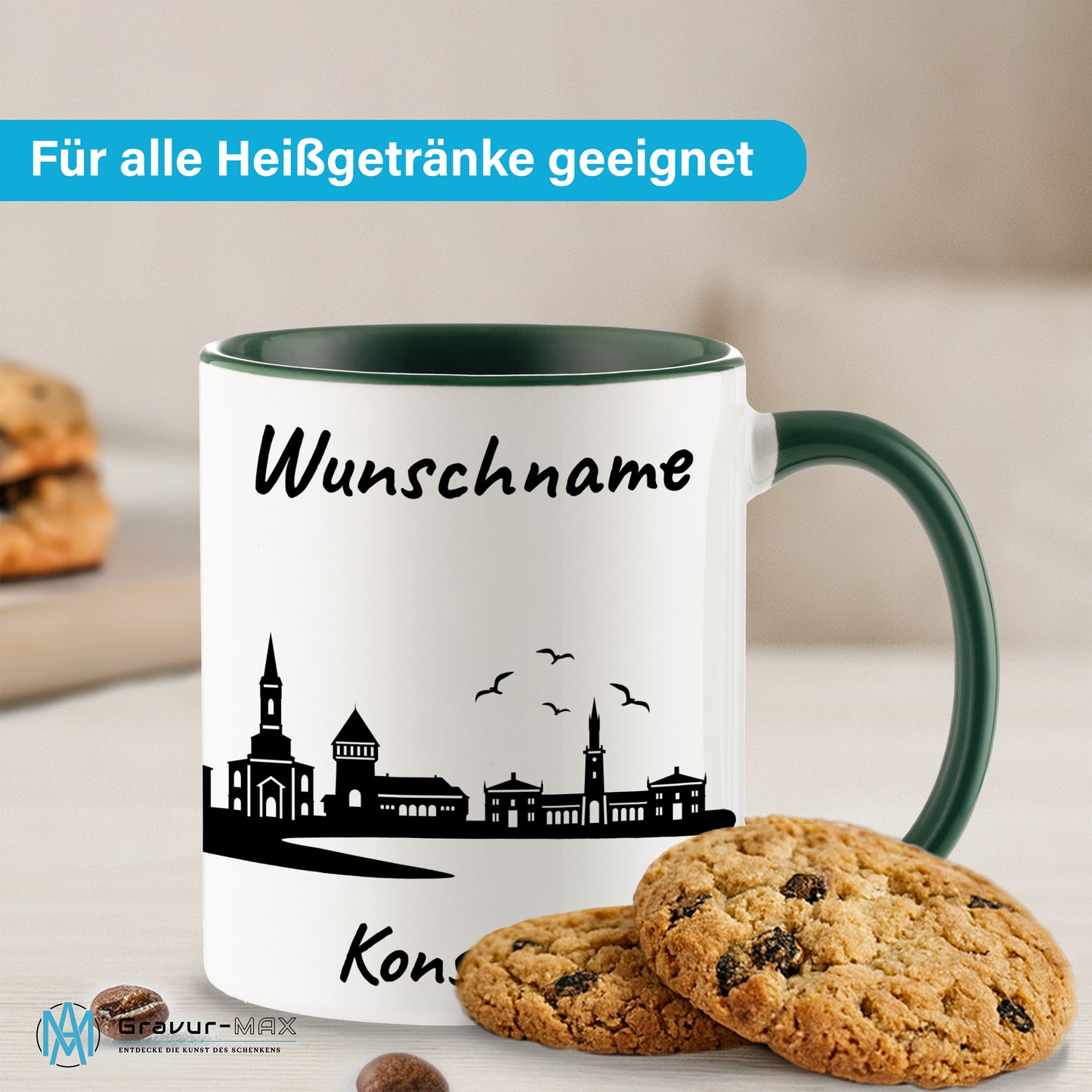 Tasse in Dunkelgrün 330ml bedruckt mit der Skyline von Konstanz personalisierbar mit Wunschname