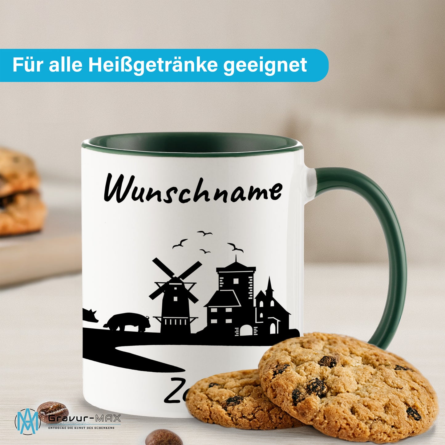 Tasse in Dunkelgrün 330ml bedruckt mit der Skyline von Zons (Dormagen) personalisierbar mit Wunschname