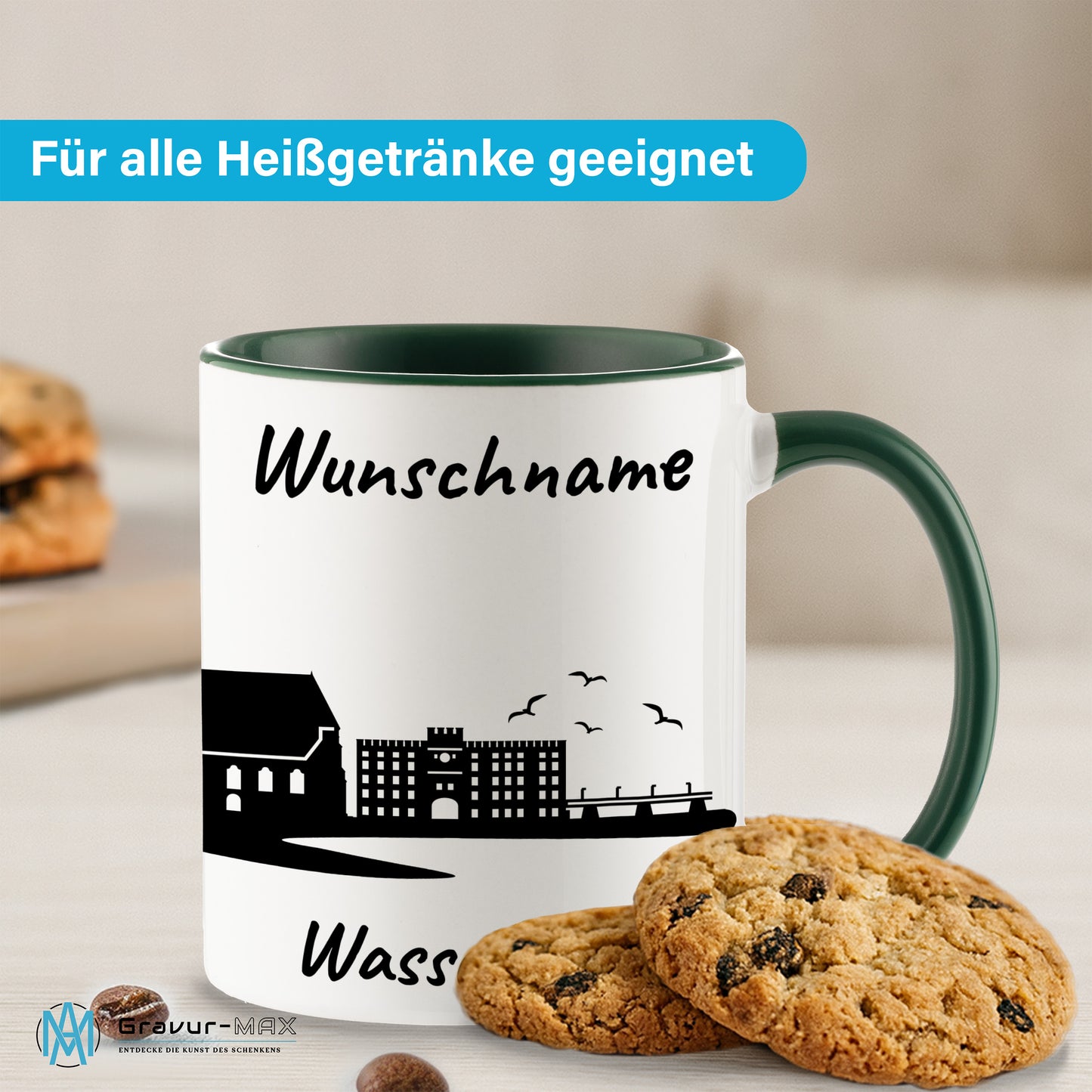 Tasse in Dunkelgrün 330ml bedruckt mit der Skyline von Wasserburg personalisierbar mit Wunschname