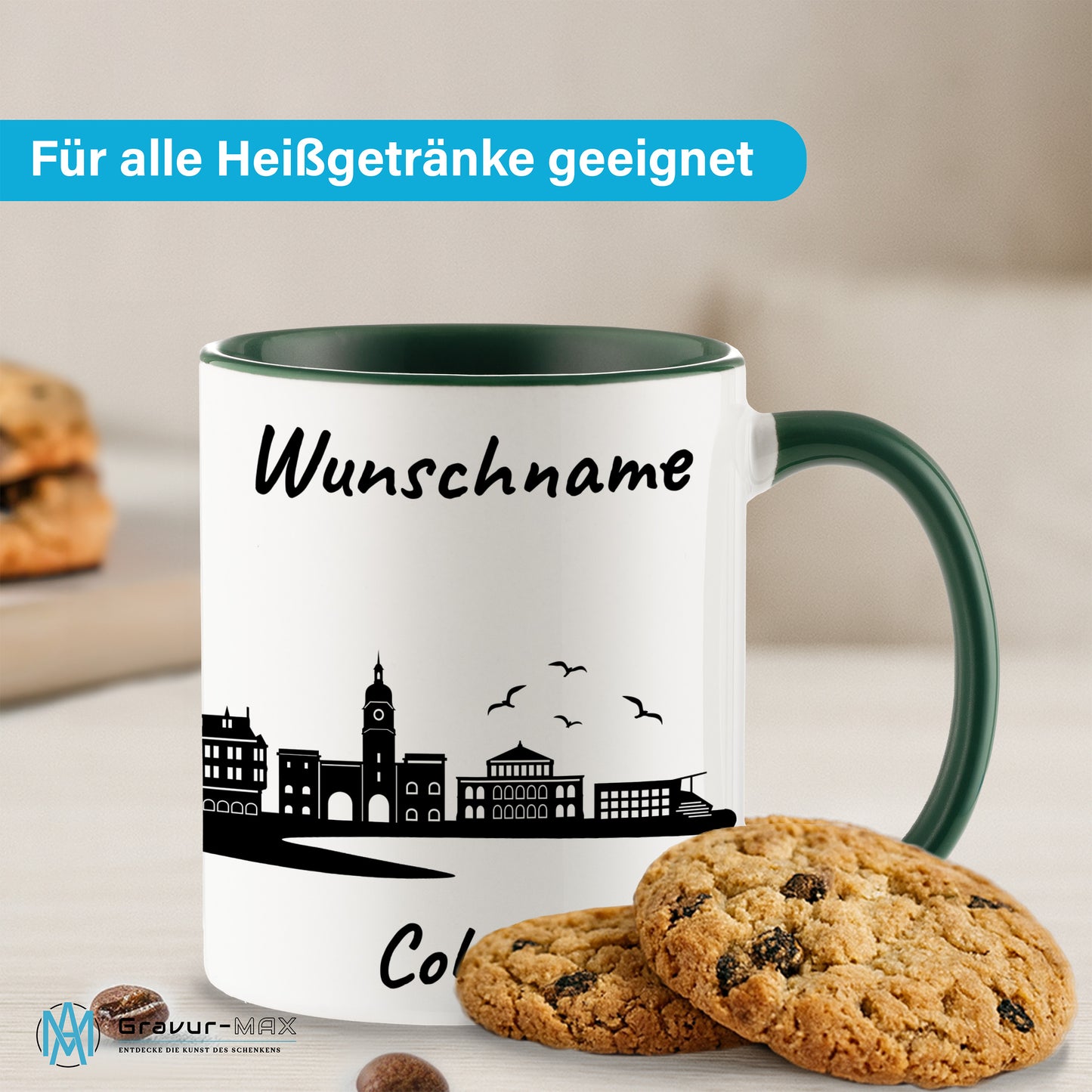 Tasse in Dunkelgrün 330ml bedruckt mit der Skyline von Coburg personalisierbar mit Wunschname
