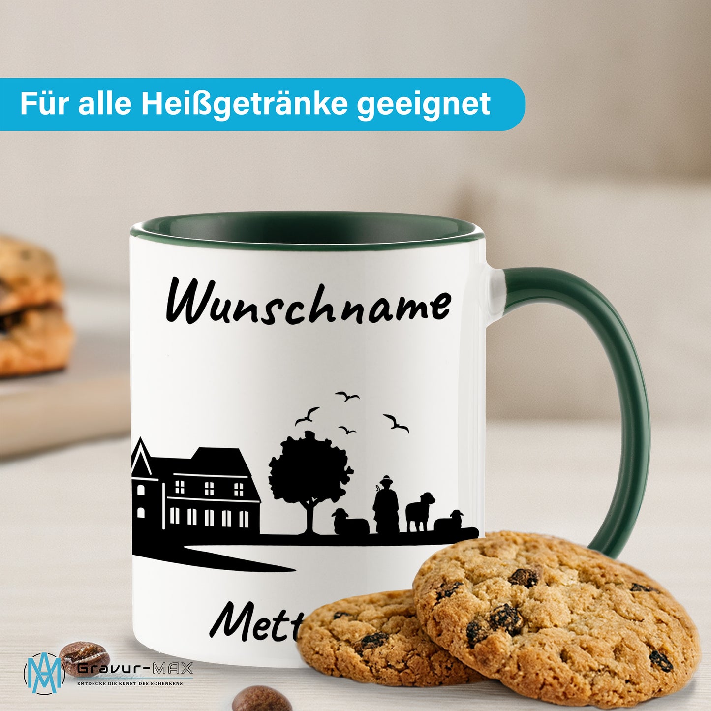 Tasse in Dunkelgrün 330ml bedruckt mit der Skyline von Mettmann personalisierbar mit Wunschname