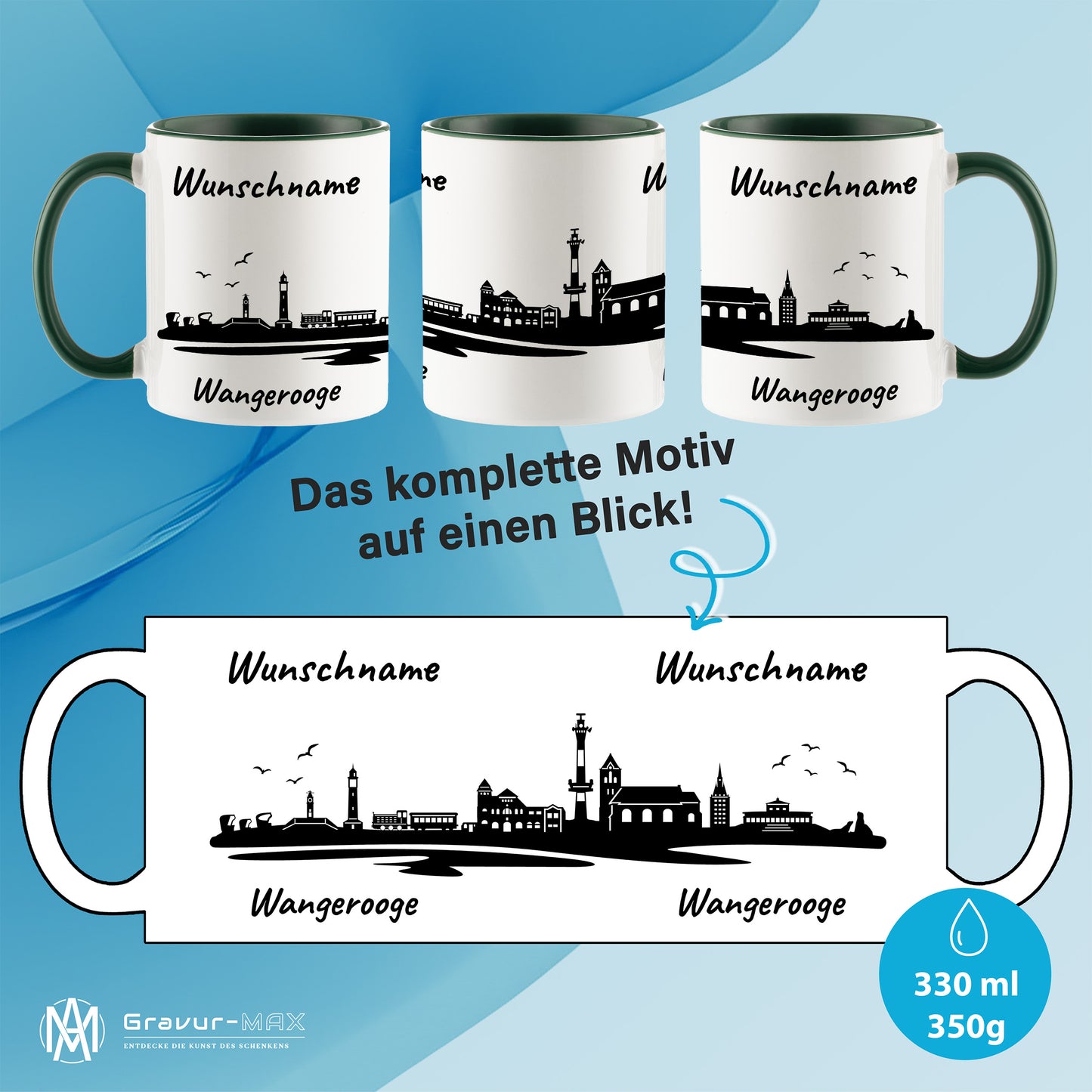 Tasse in Dunkelgrün 330ml bedruckt mit der Skyline von Wangerooge personalisierbar mit Wunschname
