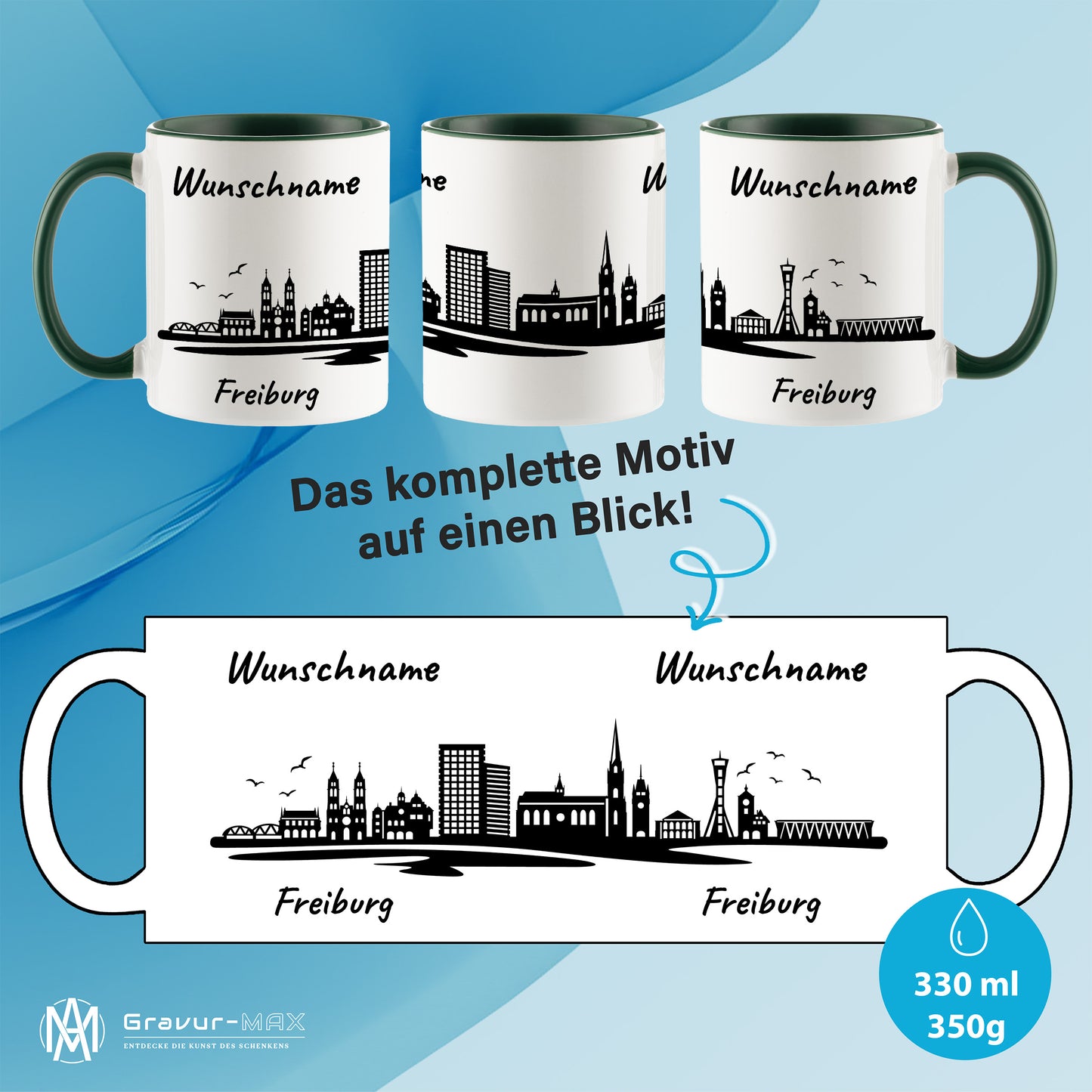 Tasse in Dunkelgrün 330ml bedruckt mit der Skyline von Freiburg personalisierbar mit Wunschname