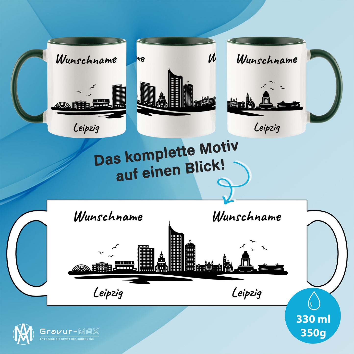 Tasse in Dunkelgrün 330ml bedruckt mit der Skyline von Leipzig personalisierbar mit Wunschname