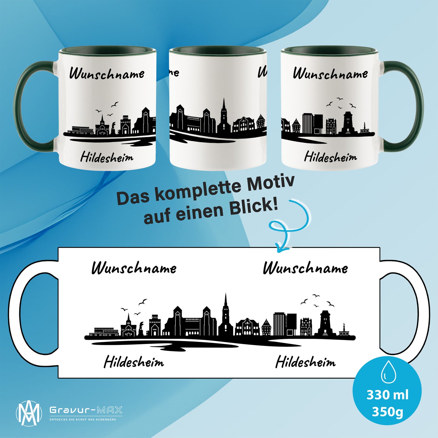 Tasse in Dunkelgrün 330ml bedruckt mit der Skyline von Hildesheim personalisierbar mit Wunschname