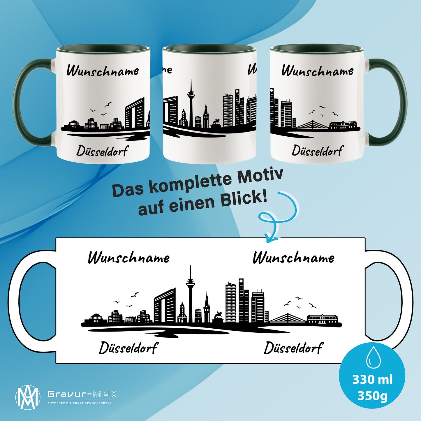 Tasse in Dunkelgrün 330ml bedruckt mit der Skyline von Düsseldorf personalisierbar mit Wunschname