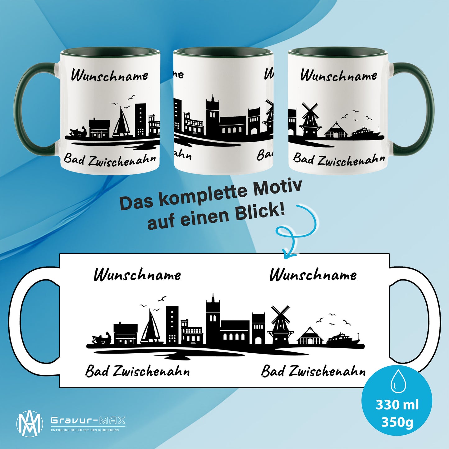 Tasse in Dunkelgrün 330ml bedruckt mit der Skyline von Bad Zwischenahn personalisierbar mit Wunschname