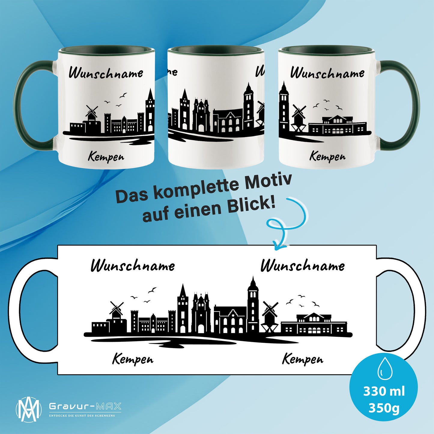 Tasse in Dunkelgrün 330ml bedruckt mit der Skyline von Kempen personalisierbar mit Wunschname