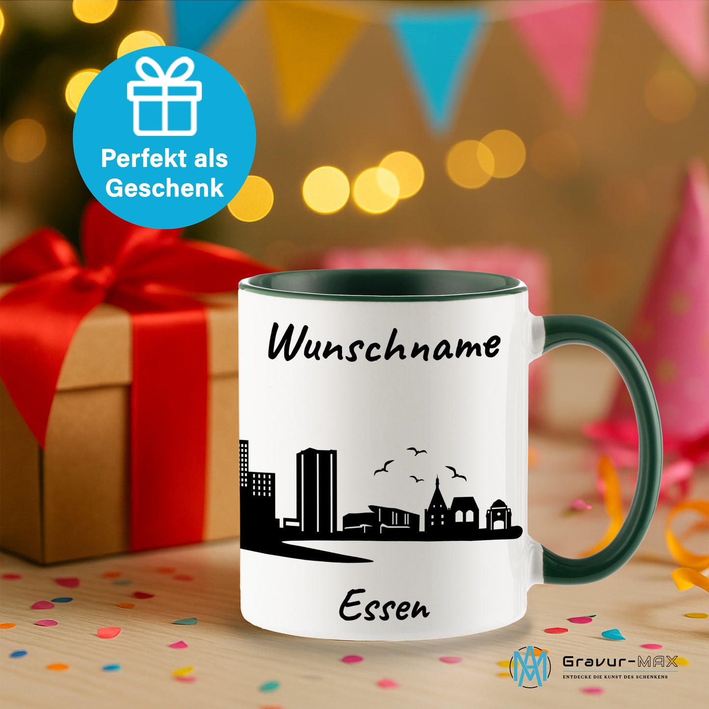 Tasse in Dunkelgrün 330ml bedruckt mit der Skyline von Essen personalisierbar mit Wunschname