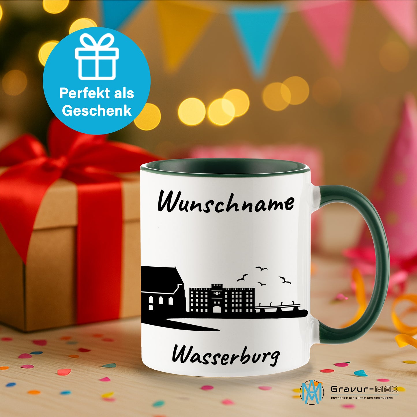Tasse in Dunkelgrün 330ml bedruckt mit der Skyline von Wasserburg personalisierbar mit Wunschname