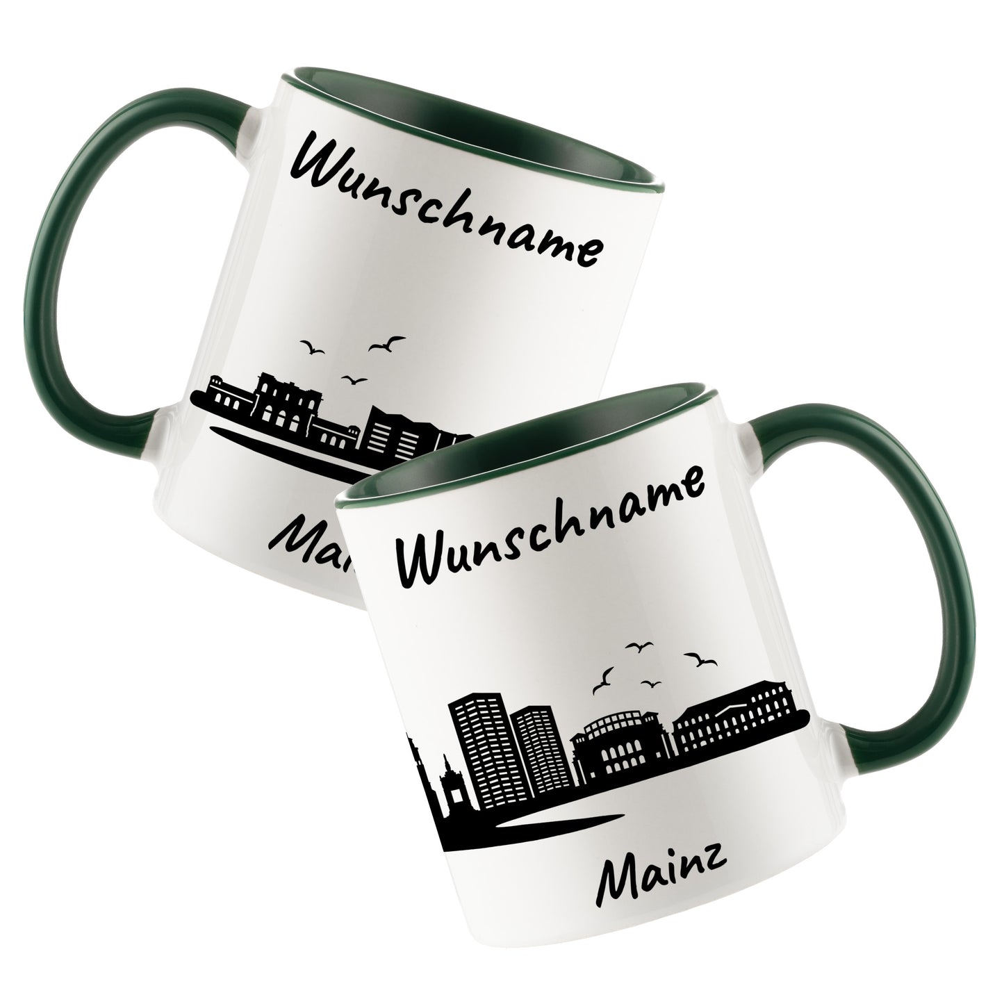 Tasse in Dunkelgrün 330ml bedruckt mit der Skyline von Mainz personalisierbar mit Wunschname