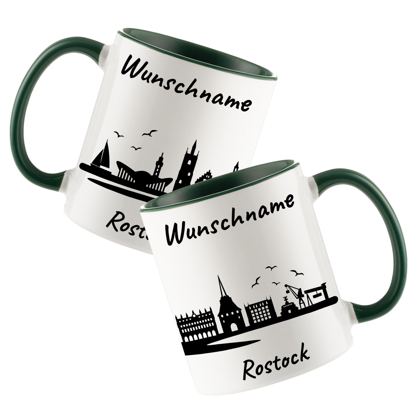 Tasse in Dunkelgrün 330ml bedruckt mit der Skyline von Rostock personalisierbar mit Wunschname