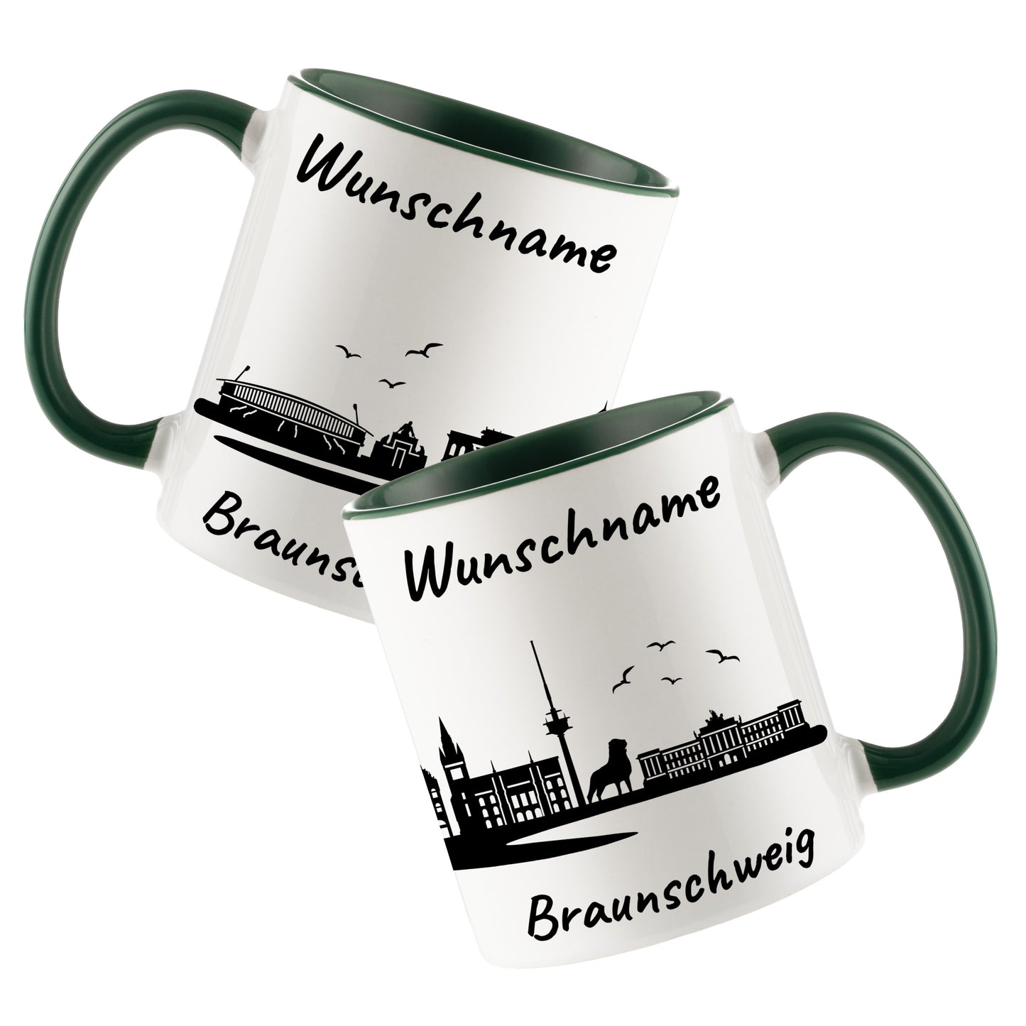 Tasse in Dunkelgrün 330ml bedruckt mit der Skyline von Braunschweig personalisierbar mit Wunschname