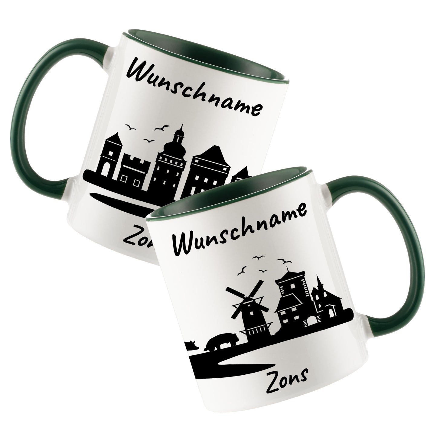 Tasse in Dunkelgrün 330ml bedruckt mit der Skyline von Zons (Dormagen) personalisierbar mit Wunschname