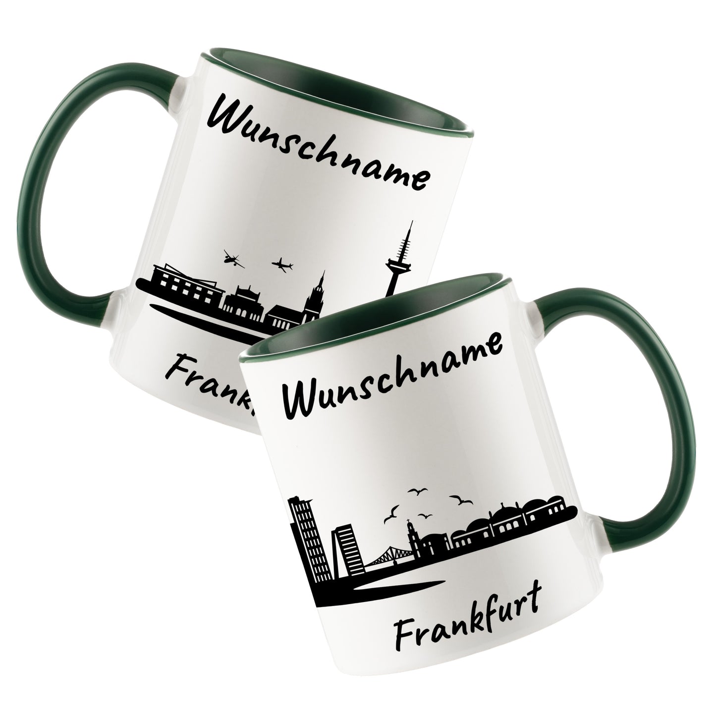 Tasse in Dunkelgrün 330ml bedruckt mit der Skyline von Frankfurt personalisierbar mit Wunschname