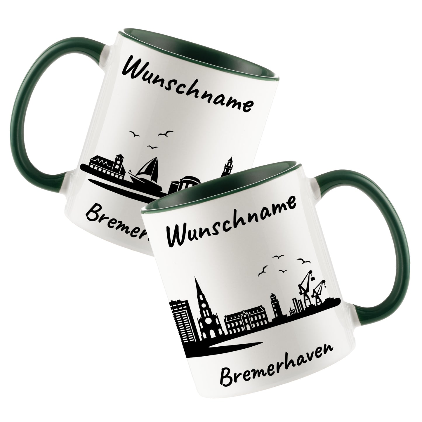 Tasse in Dunkelgrün 330ml bedruckt mit der Skyline von Bremerhaven personalisierbar mit Wunschname