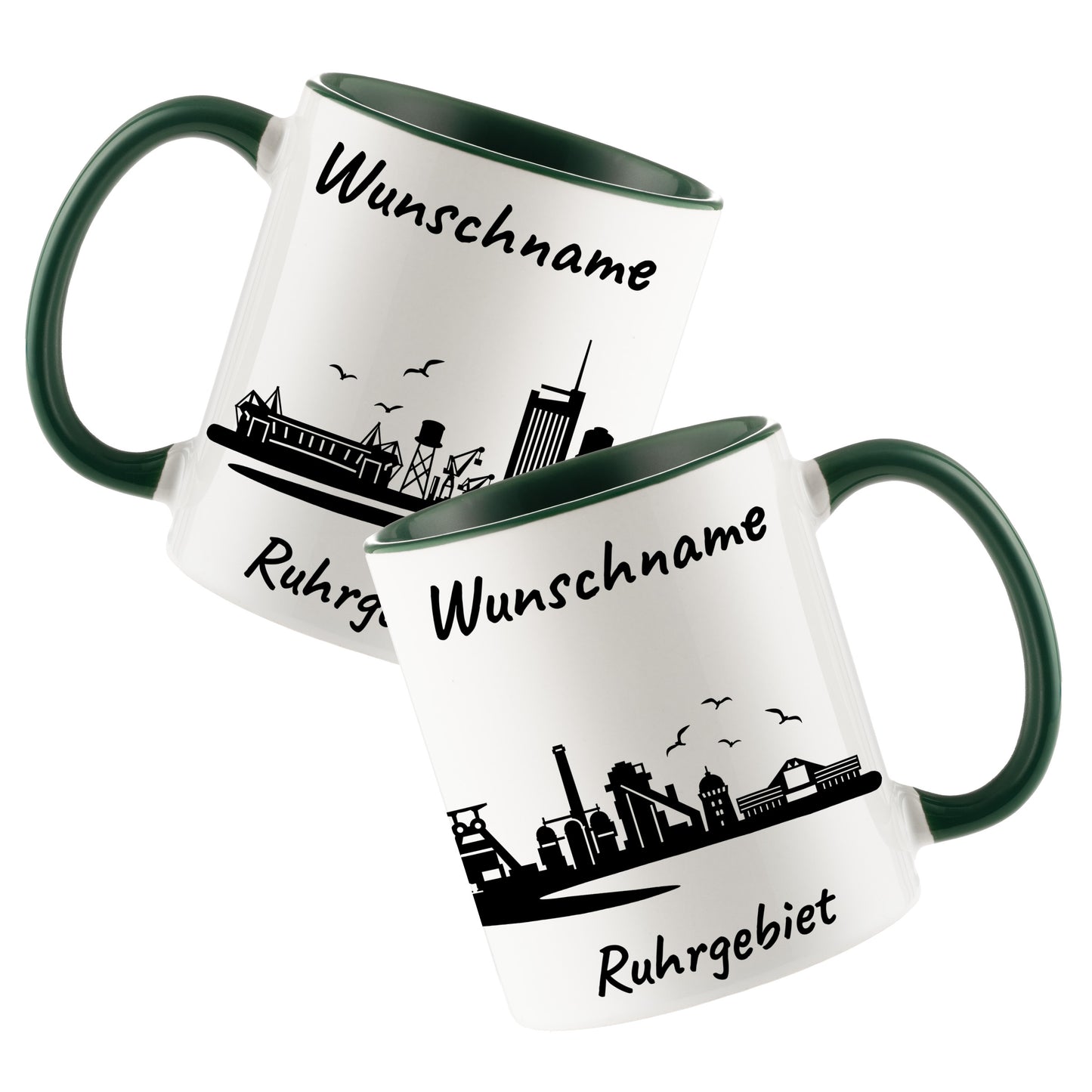 Tasse in Dunkelgrün 330ml bedruckt mit der Skyline von Ruhrgebiet personalisierbar mit Wunschname