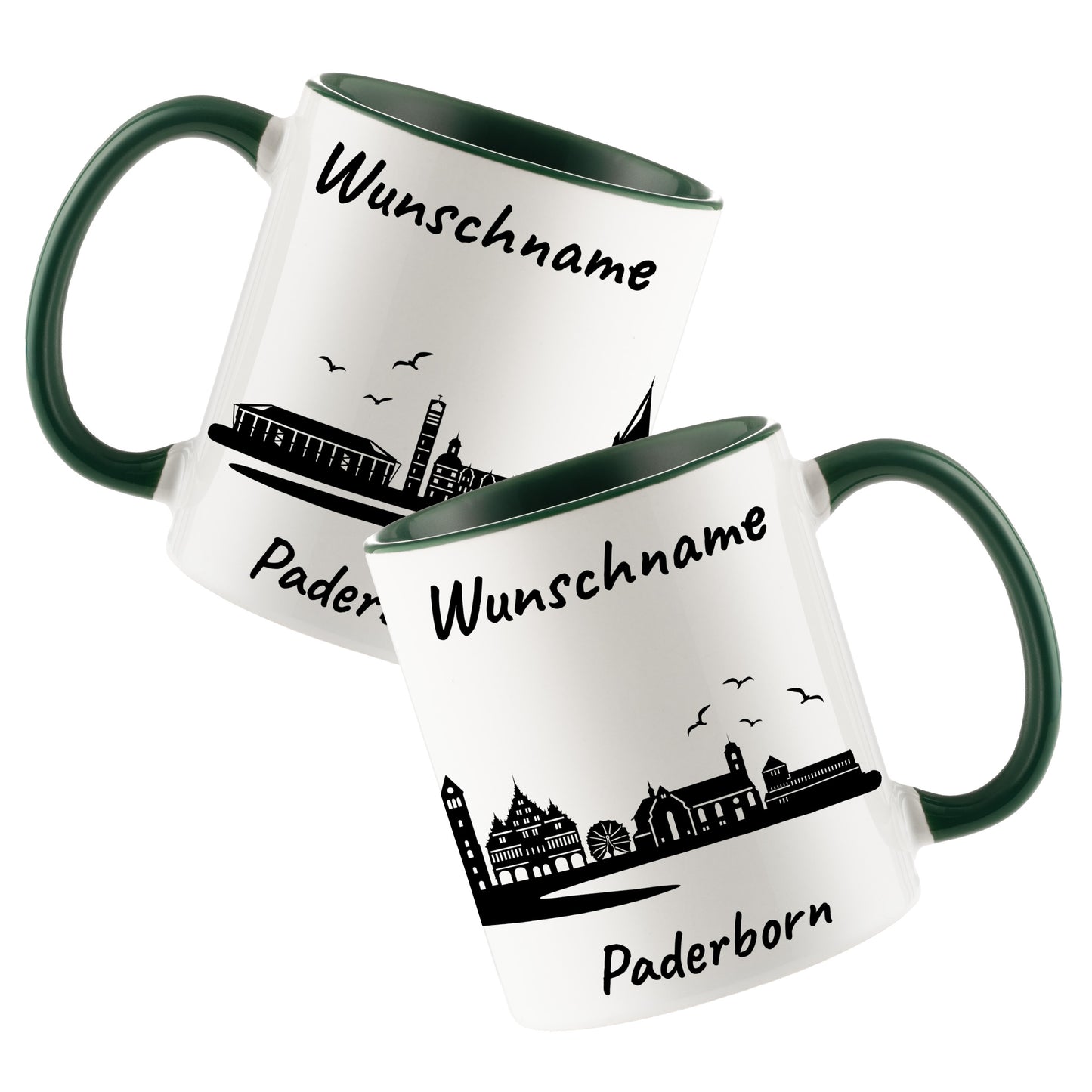 Tasse in Dunkelgrün 330ml bedruckt mit der Skyline von Paderborn personalisierbar mit Wunschname