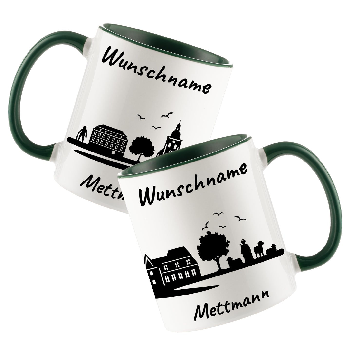 Tasse in Dunkelgrün 330ml bedruckt mit der Skyline von Mettmann personalisierbar mit Wunschname