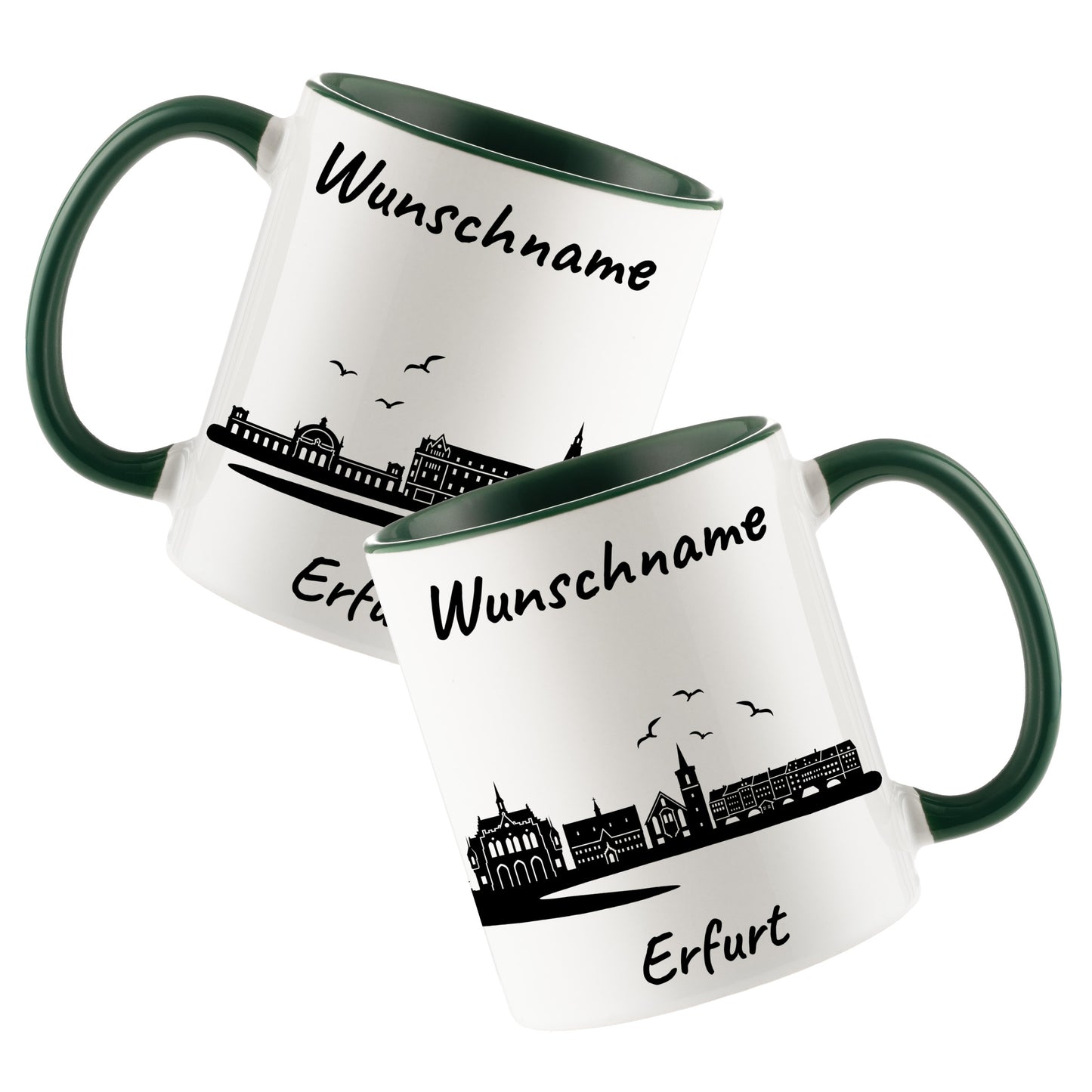 Tasse in Dunkelgrün 330ml bedruckt mit der Skyline von Erfurt personalisierbar mit Wunschname