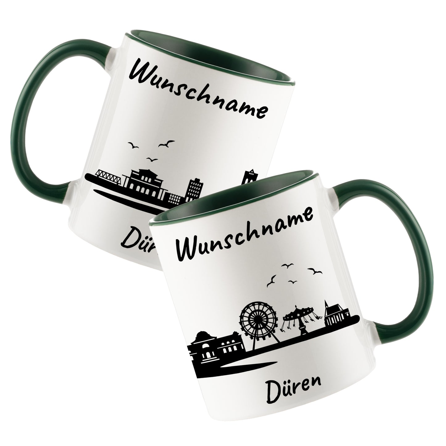 Tasse in Dunkelgrün 330ml bedruckt mit der Skyline von Düren personalisierbar mit Wunschname