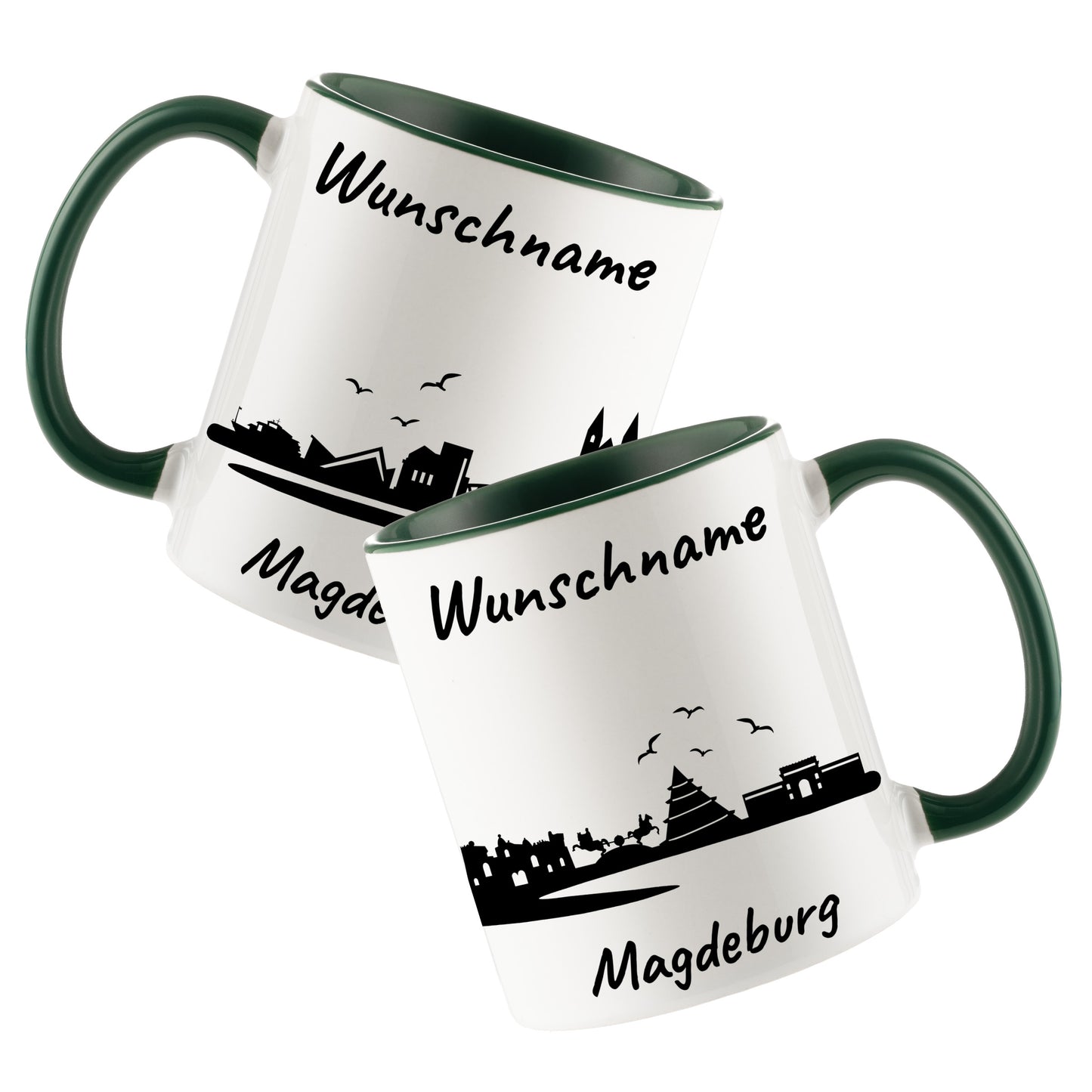 Tasse in Dunkelgrün 330ml bedruckt mit der Skyline von Magdeburg personalisierbar mit Wunschname