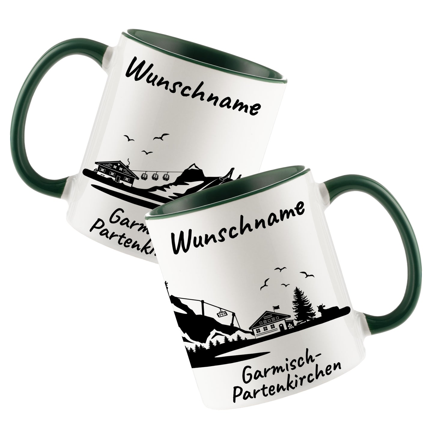 Tasse in Dunkelgrün 330ml bedruckt mit der Skyline von Garmisch-Partenkirchen personalisierbar mit Wunschname