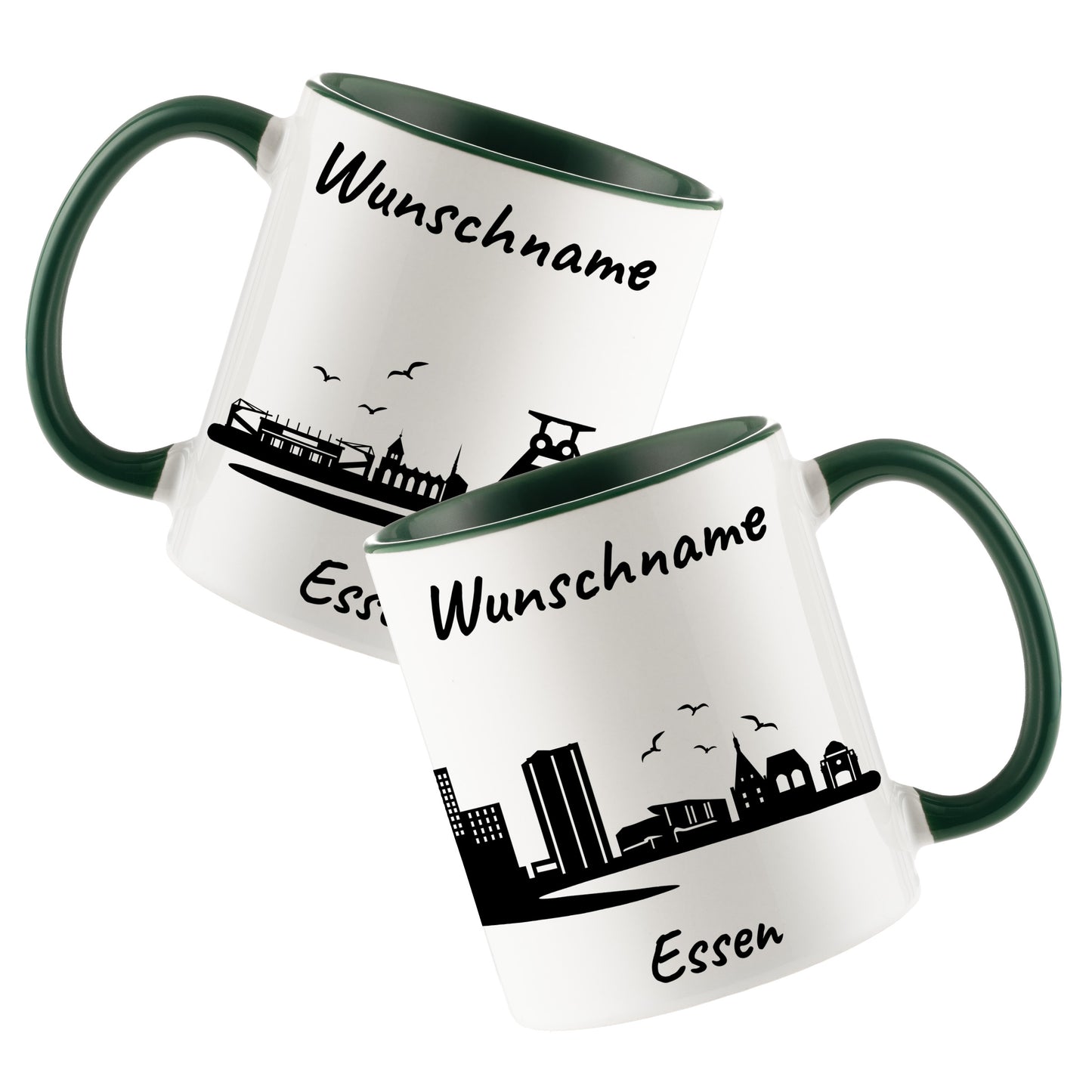 Tasse in Dunkelgrün 330ml bedruckt mit der Skyline von Essen personalisierbar mit Wunschname