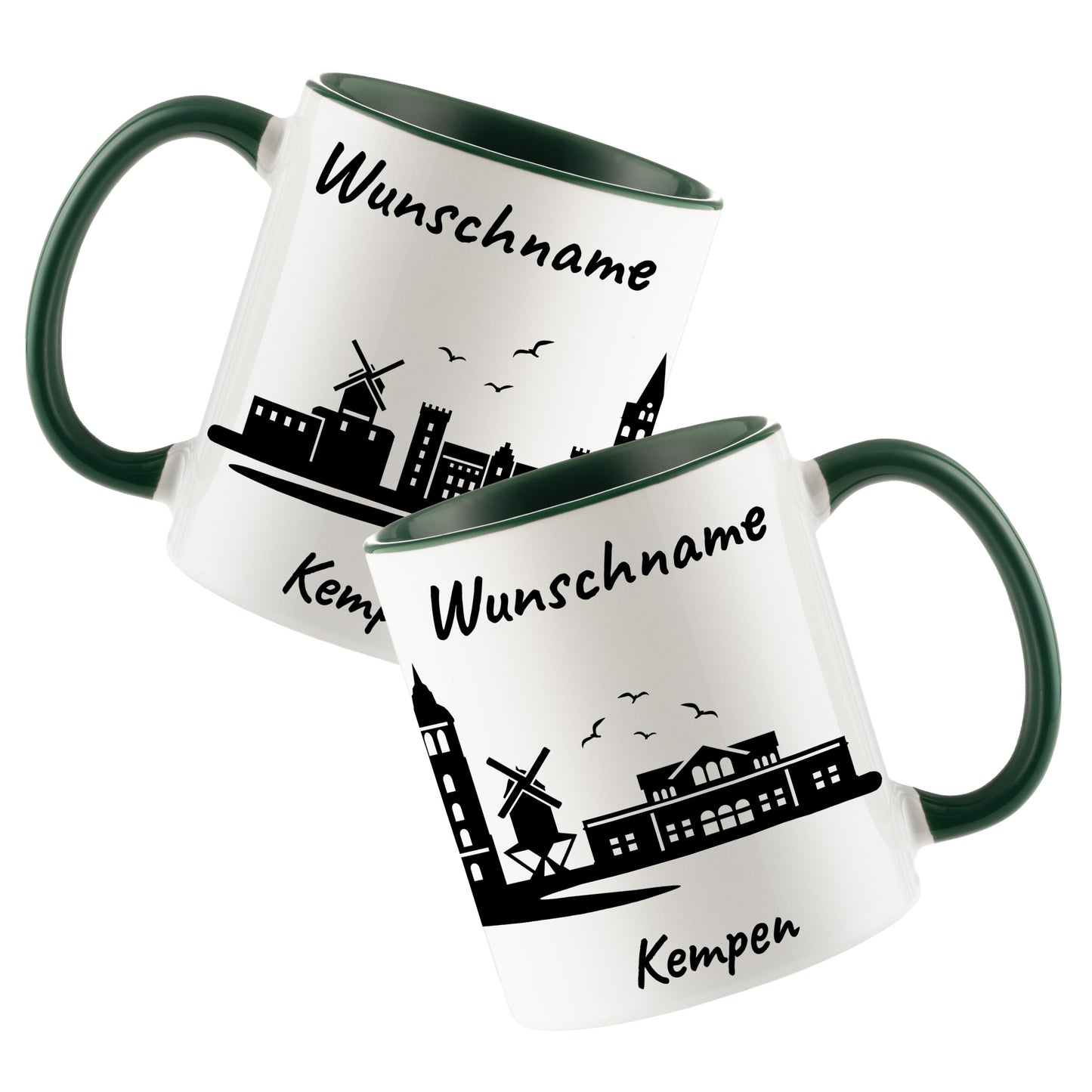 Tasse in Dunkelgrün 330ml bedruckt mit der Skyline von Kempen personalisierbar mit Wunschname