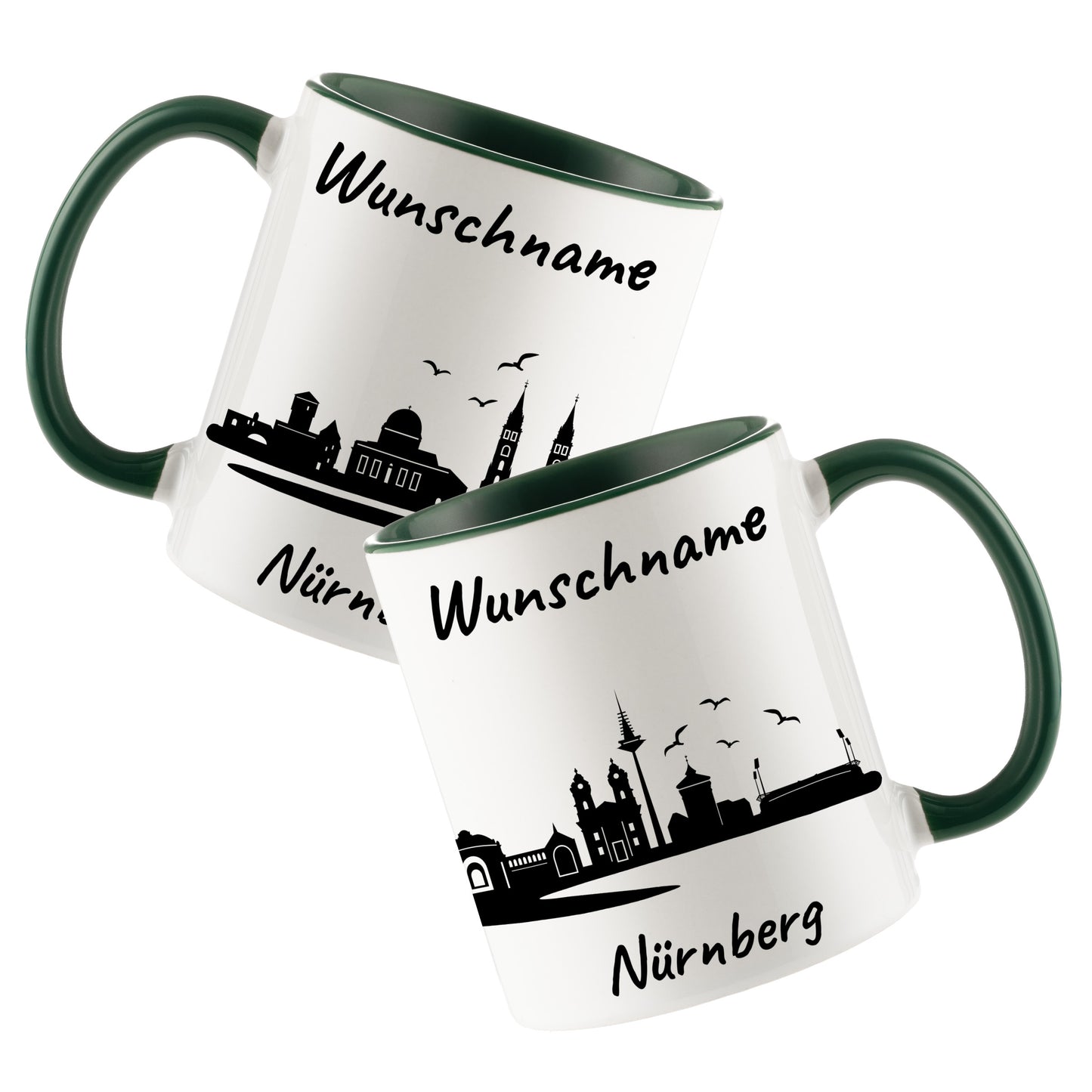 Tasse in Dunkelgrün 330ml bedruckt mit der Skyline von Nürnberg personalisierbar mit Wunschname