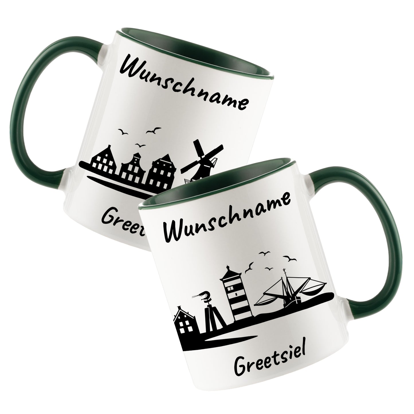 Tasse in Dunkelgrün 330ml bedruckt mit der Skyline von Greetsiel personalisierbar mit Wunschname