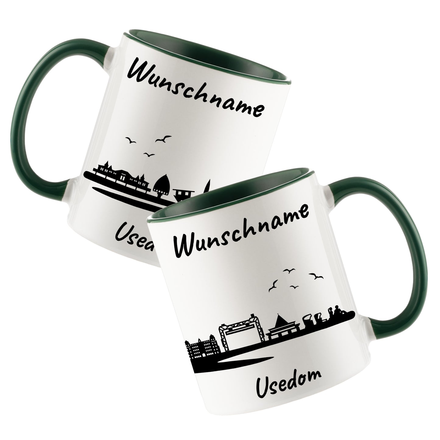 Tasse in Dunkelgrün 330ml bedruckt mit der Skyline von Usedom personalisierbar mit Wunschname