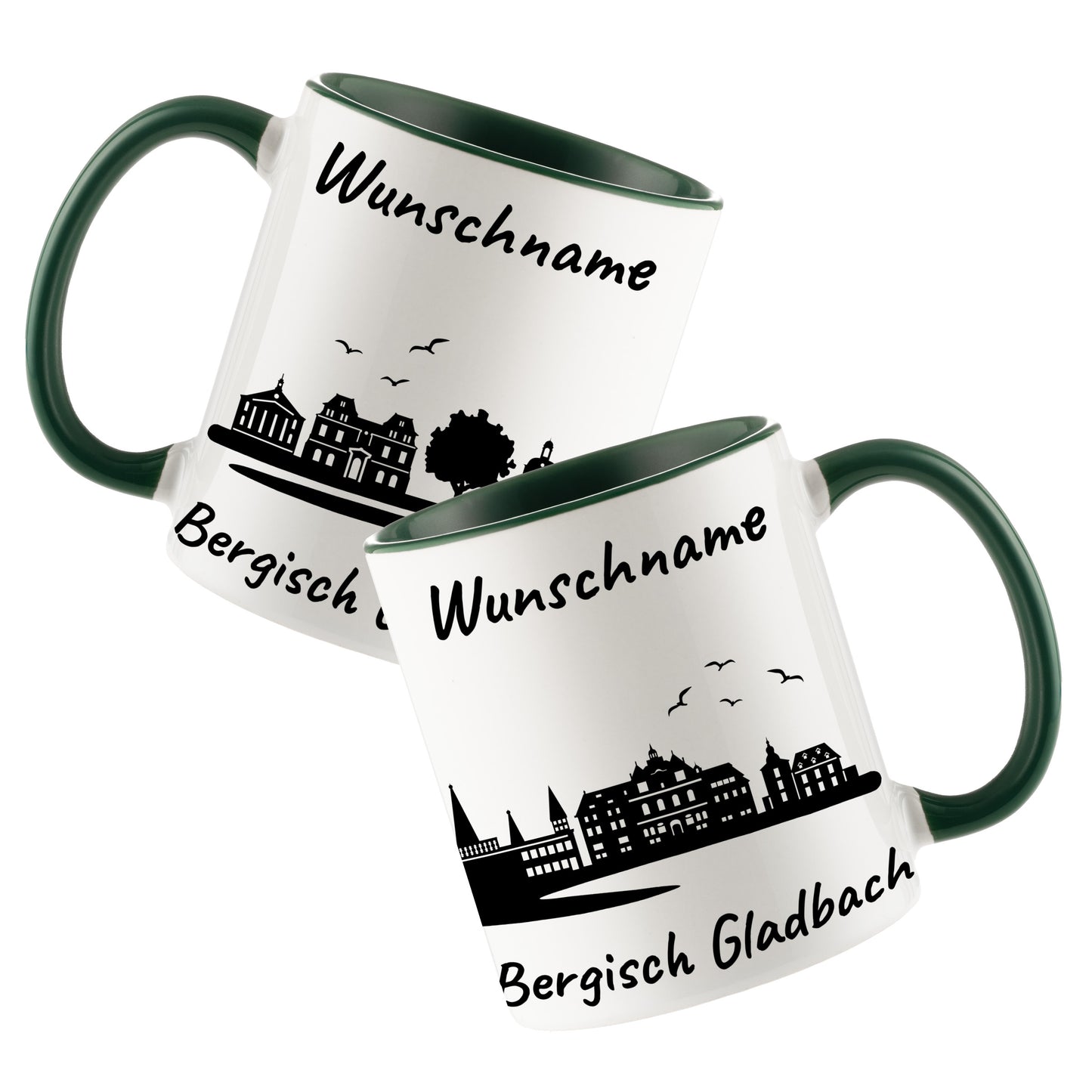 Tasse in Dunkelgrün 330ml bedruckt mit der Skyline von Bergisch Gladbach personalisierbar mit Wunschname