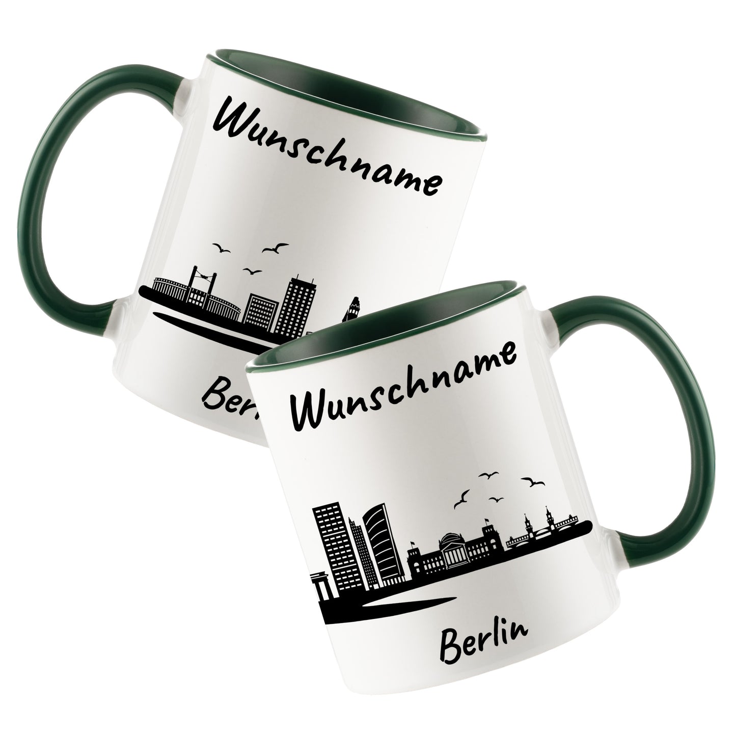Tasse in Dunkelgrün 330ml bedruckt mit der Skyline von Berlin personalisierbar mit Wunschname